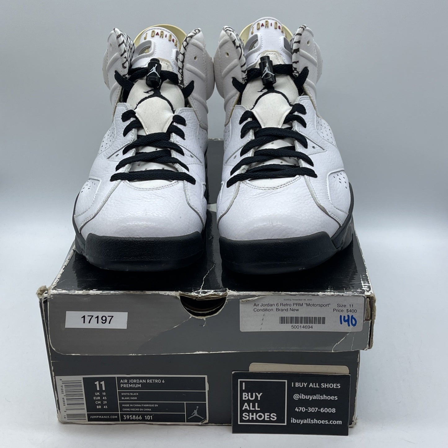 Size 11 - Air Jordan 6 Retro Premium Motorsports White Leather (395866-101)