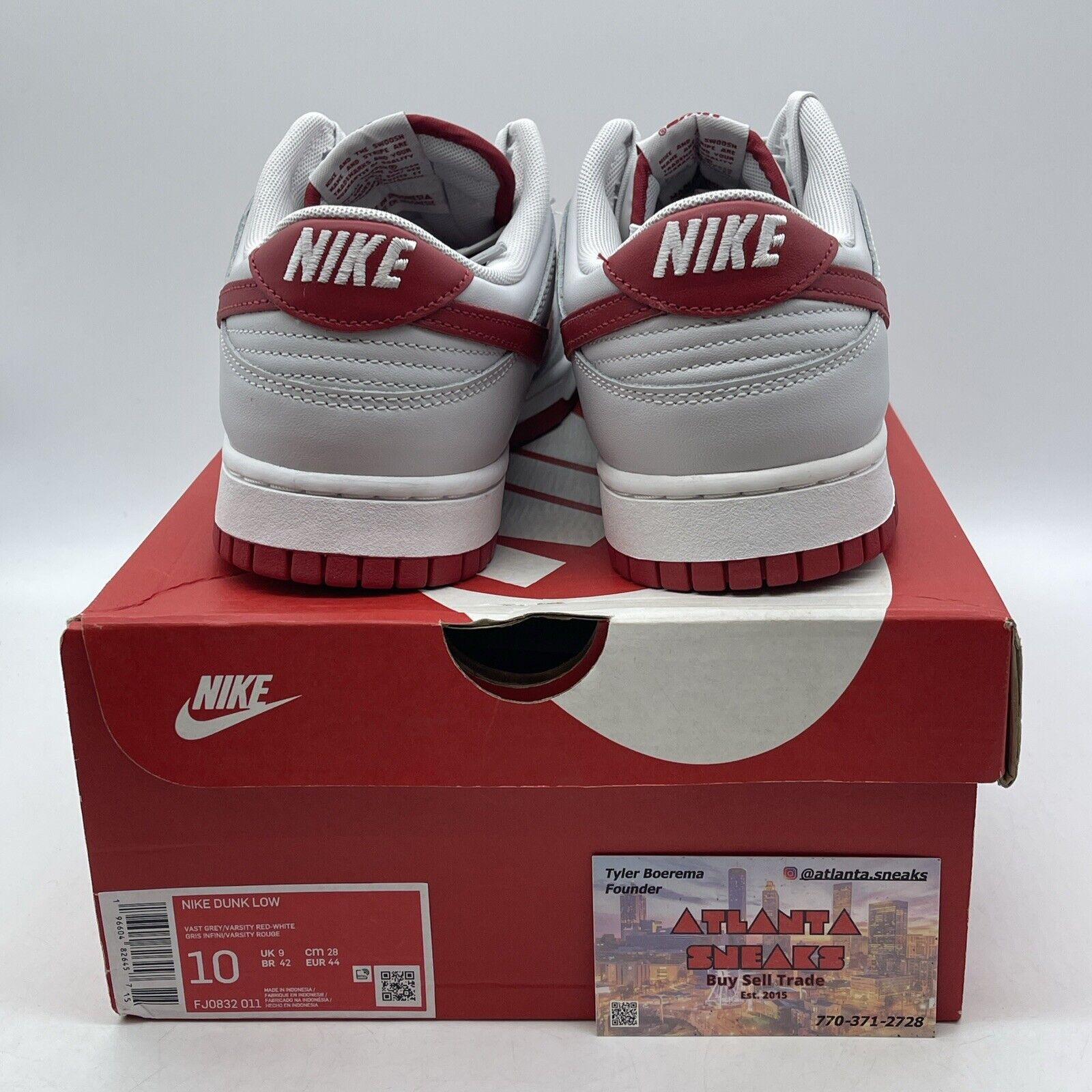 Size 10 - Dunk Low Vast Grey Varsity Red White Leather (FJ0832-011)