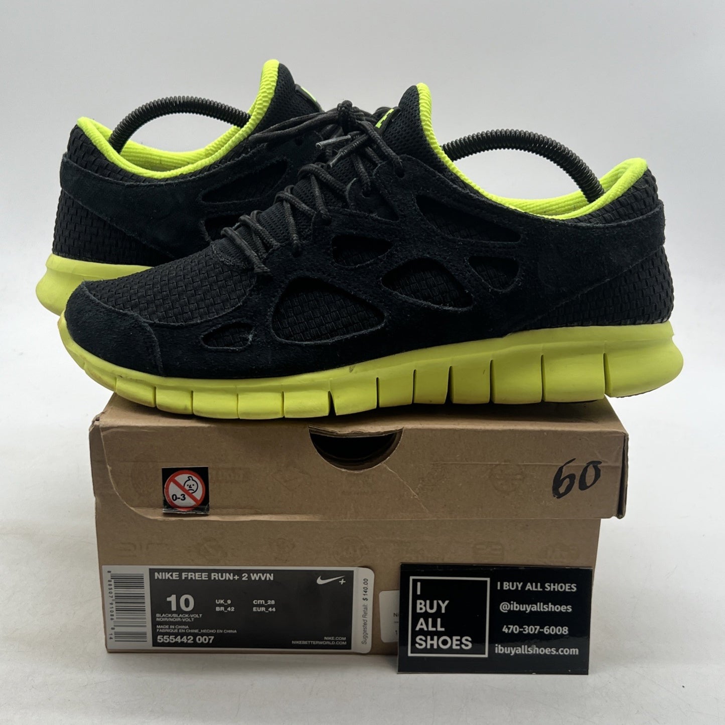 Size 10 - Nike Free Run+ Woven WVN Sneakers Black Volt (555442-007)
