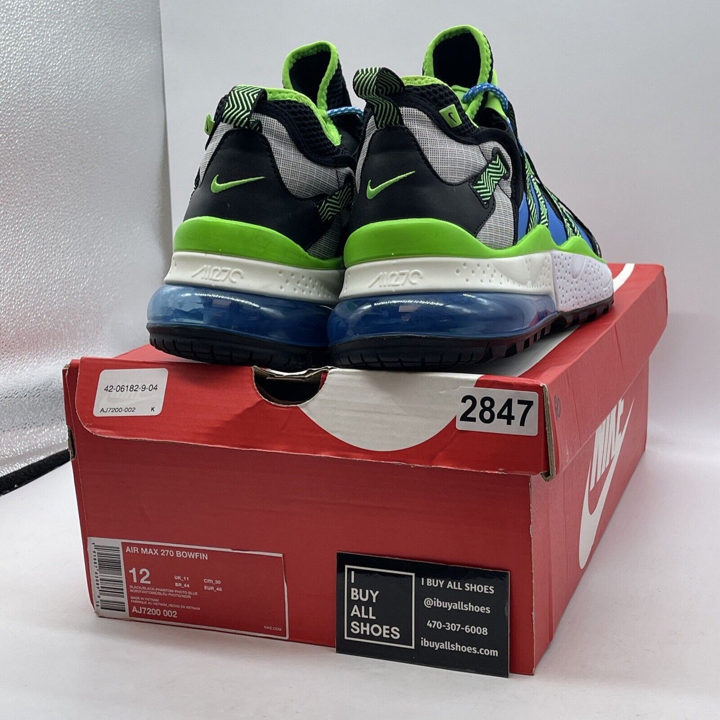 Size 12 - Nike Air Max 270 Bowfin Sprite Black Green Suede Leather (AJ7200-002)