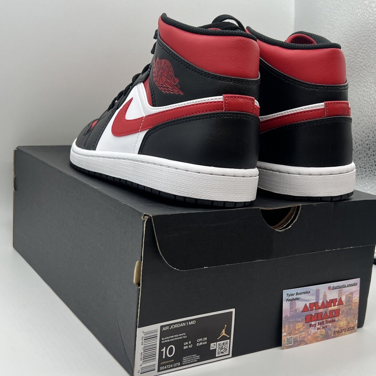 Size 10 - Jordan 1 Mid Bred Toe Red Og All Leather New White Black