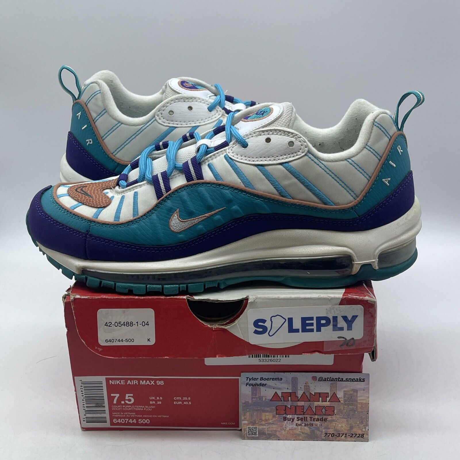 Size 7.5 - Nike Air Max 98 Spirit Teal Purple White Leather Suede (640744-500)