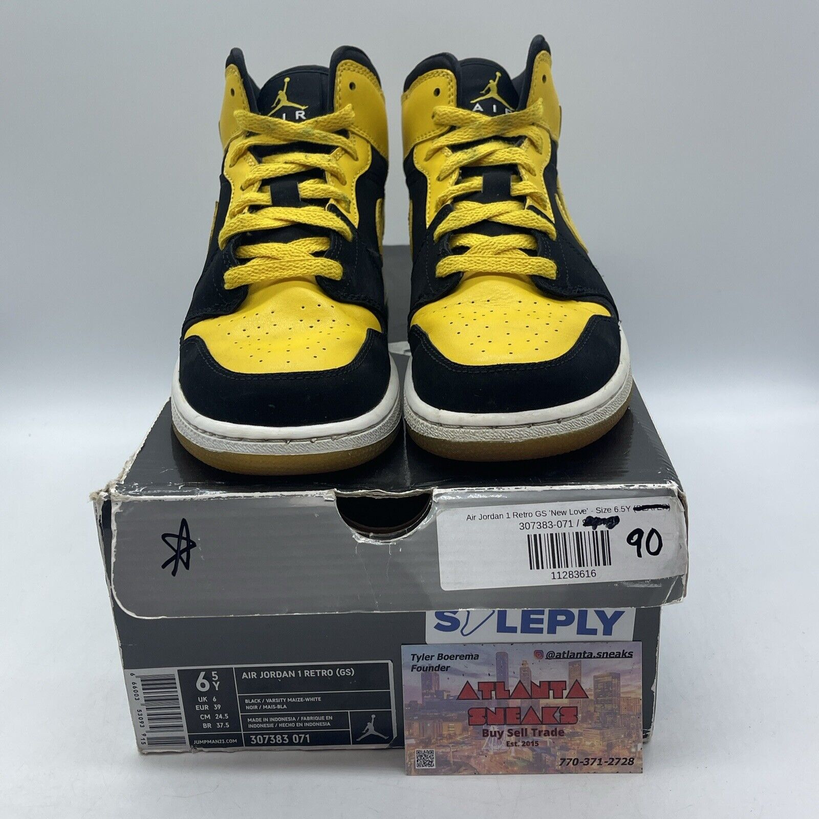 Size 6.5Y Air Jordan 1 Retro New Love Yellow Leather Black Suede (307383-071)