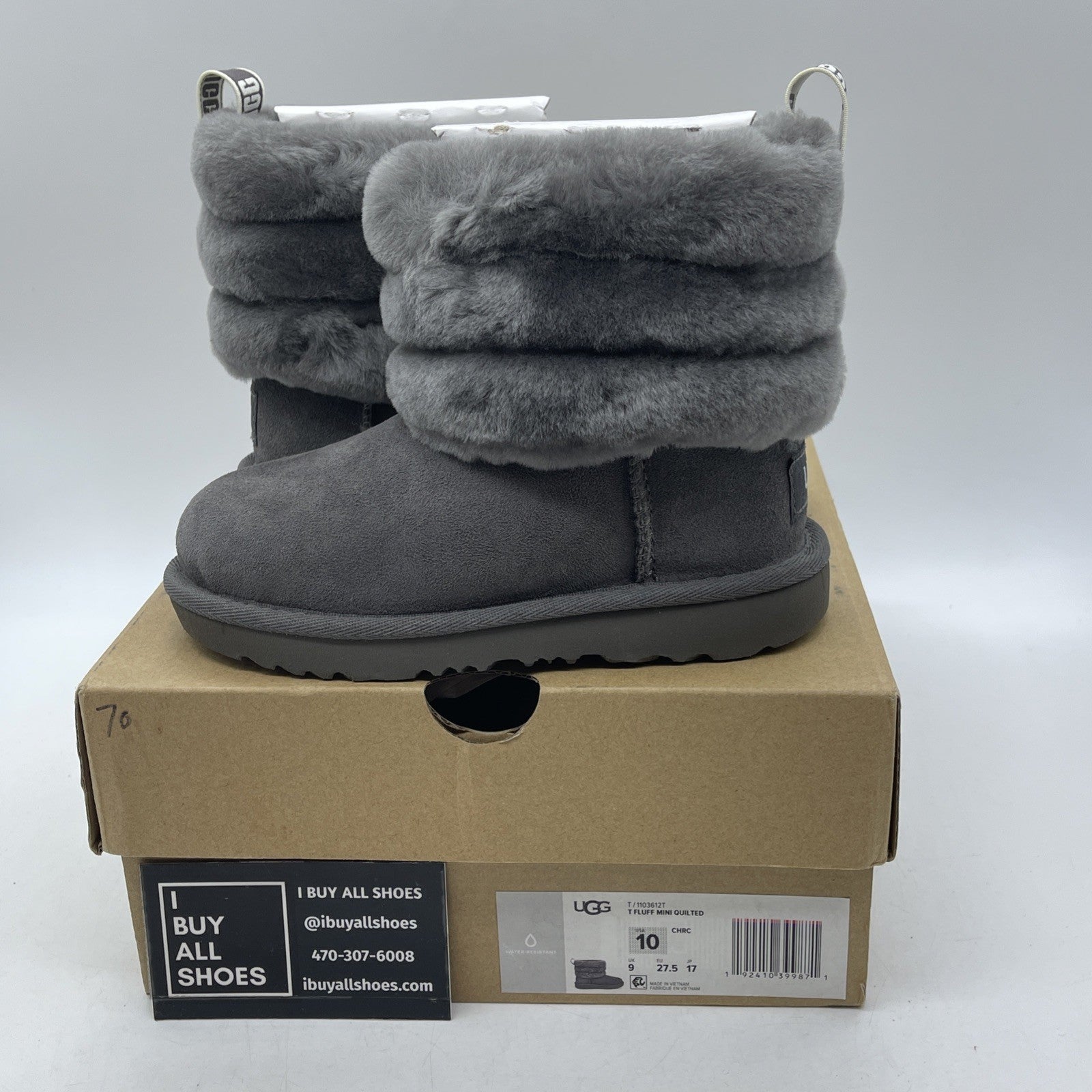 Size 10 - Ugg Girls Toddler FLUFF MINI QUILTED boots Charcoal (1103612T)