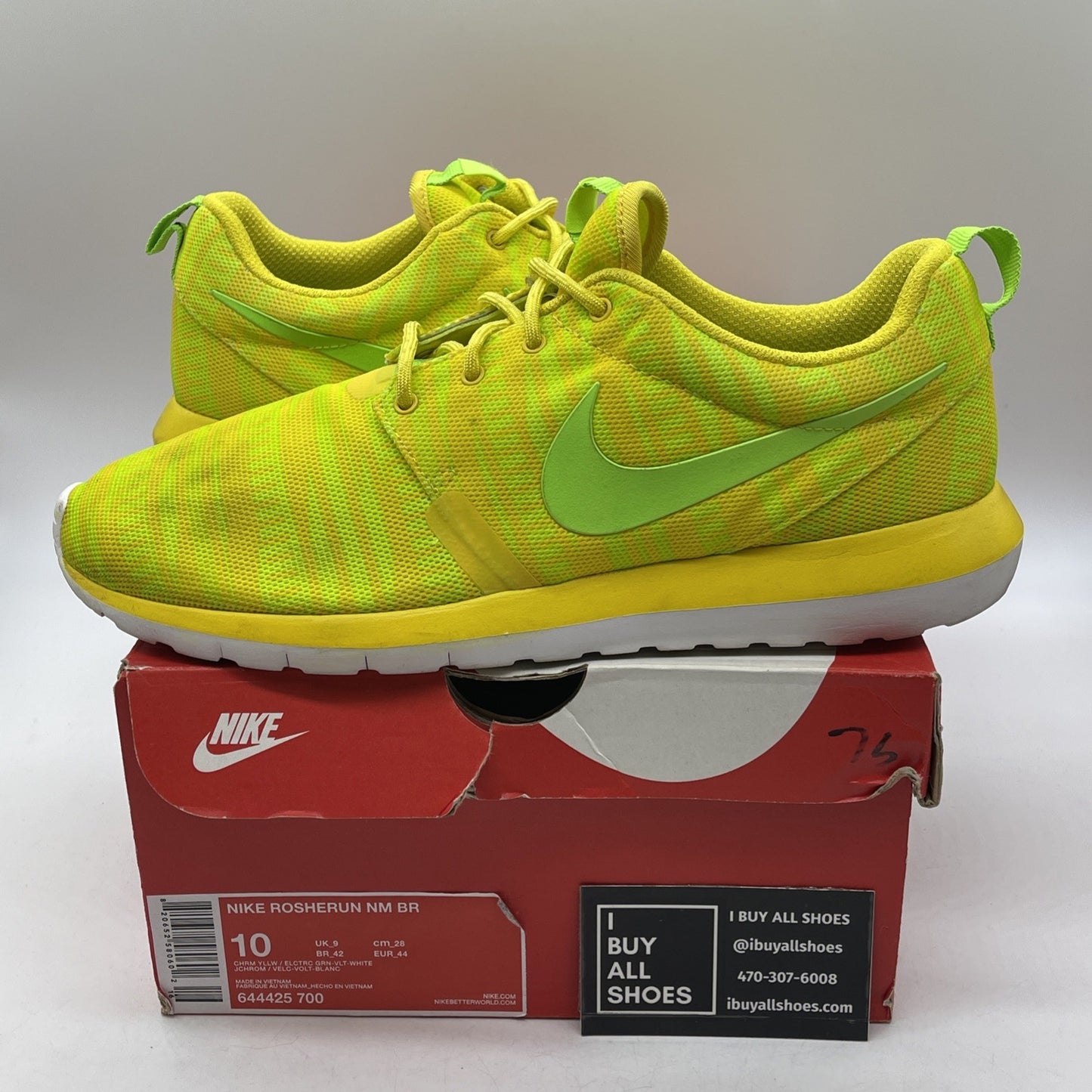 Size 10 - Nike Rosherun Nm Br Yellow Green White Suede Leather (644425-700)