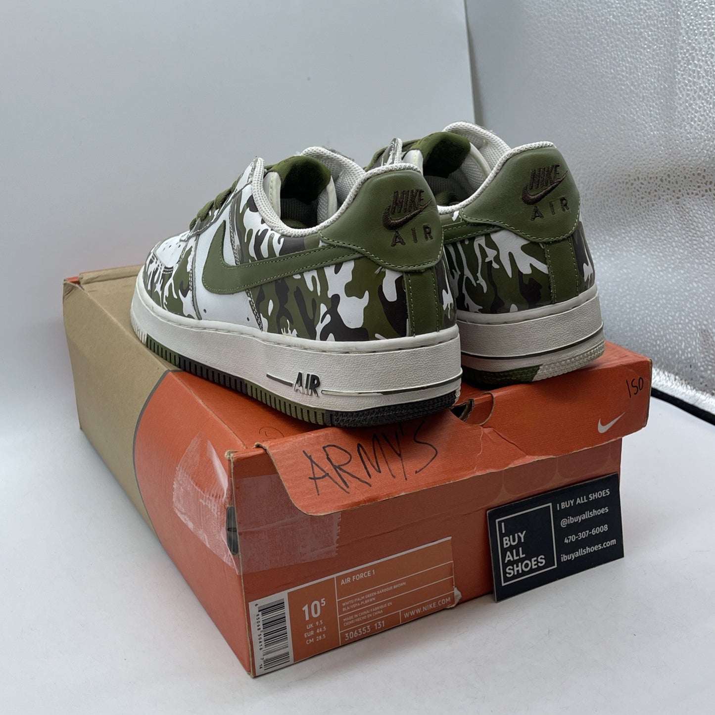 Size 10.5 - Nike Air Force 1 Camo White Green Leather (306353-131)