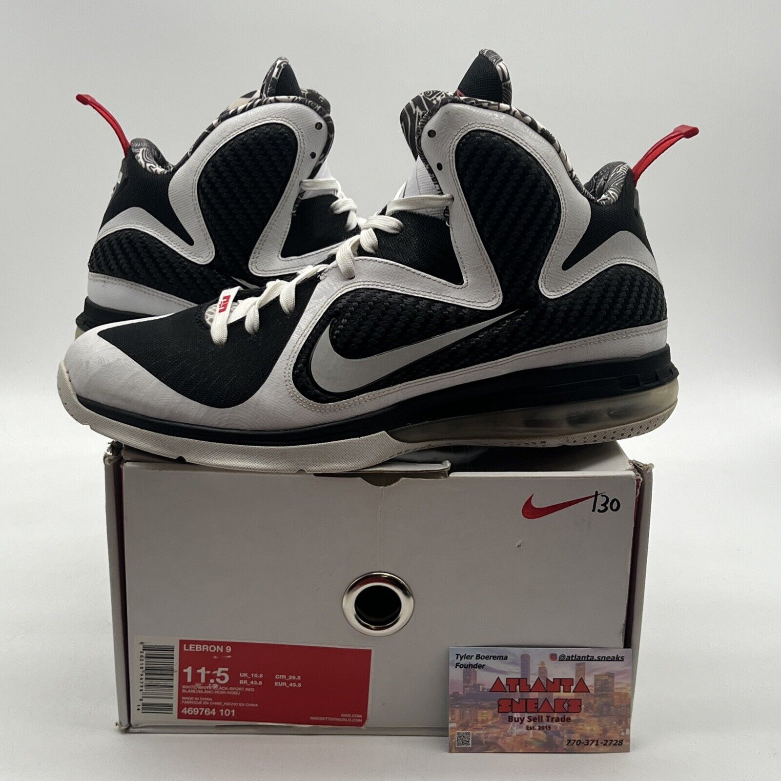 Size 11.5 - Nike LeBron 9 Freegums Black White Red Leather (469764-101)