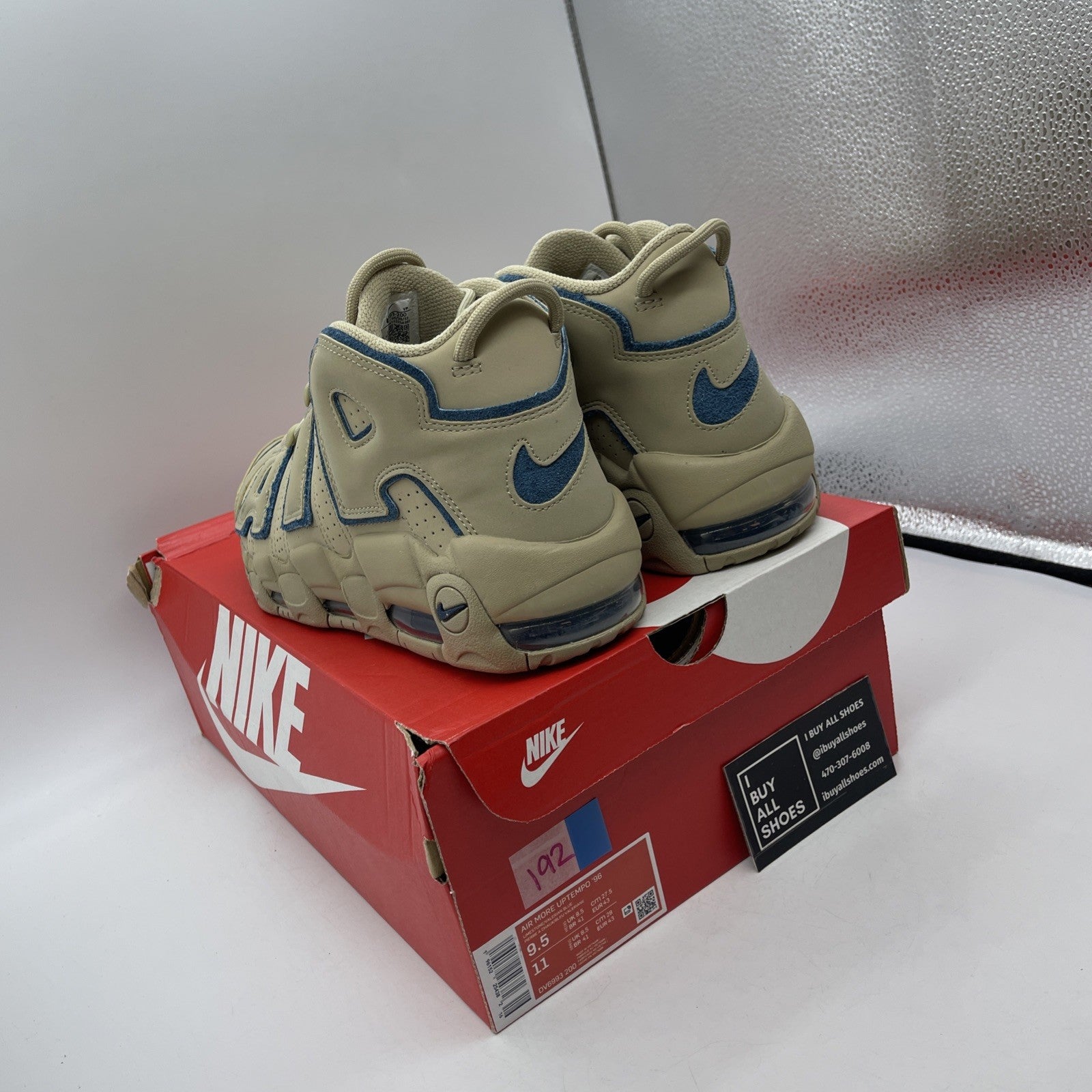 Size 9.5 - Nike Air More Uptempo Limestone Brown Blue Suede (DV6993-200)