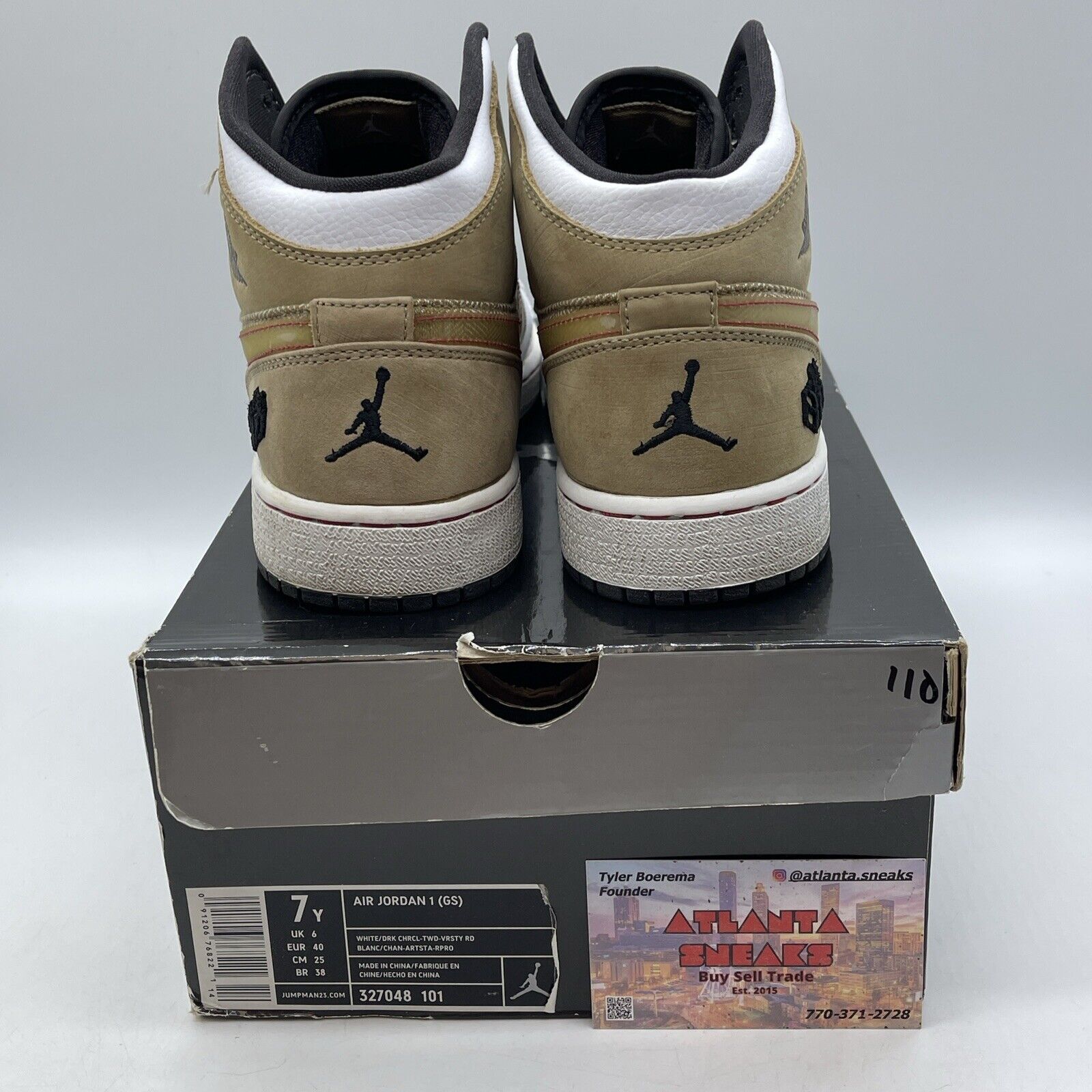 Size 7Y - Air Jordan 1 GS Tweed White Brown Black Red Suede Leather (327048-101)