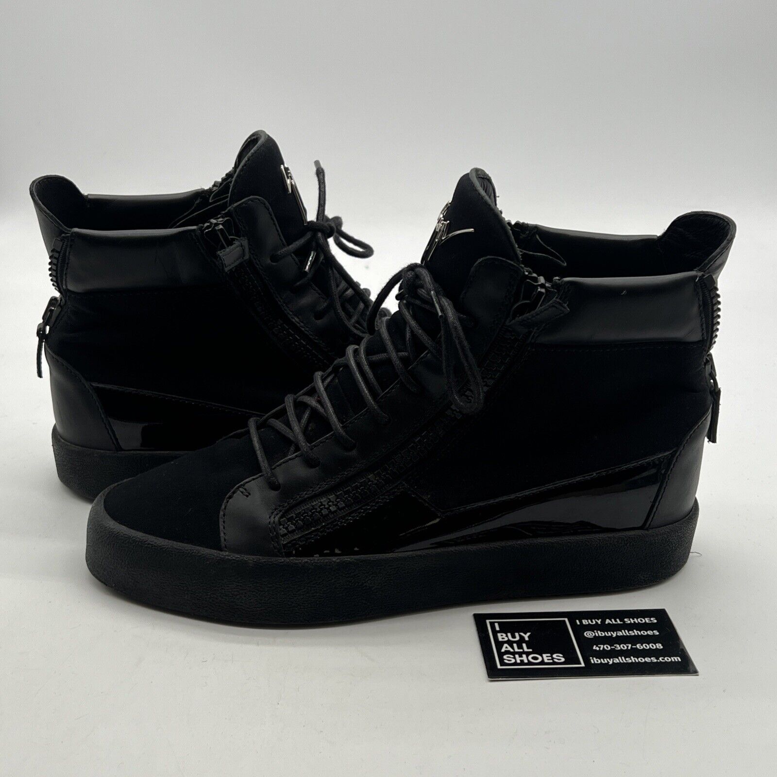 Size 10 - Giuseppe Zanotti Metal Signature Logo Black Leather High Top Sneaker