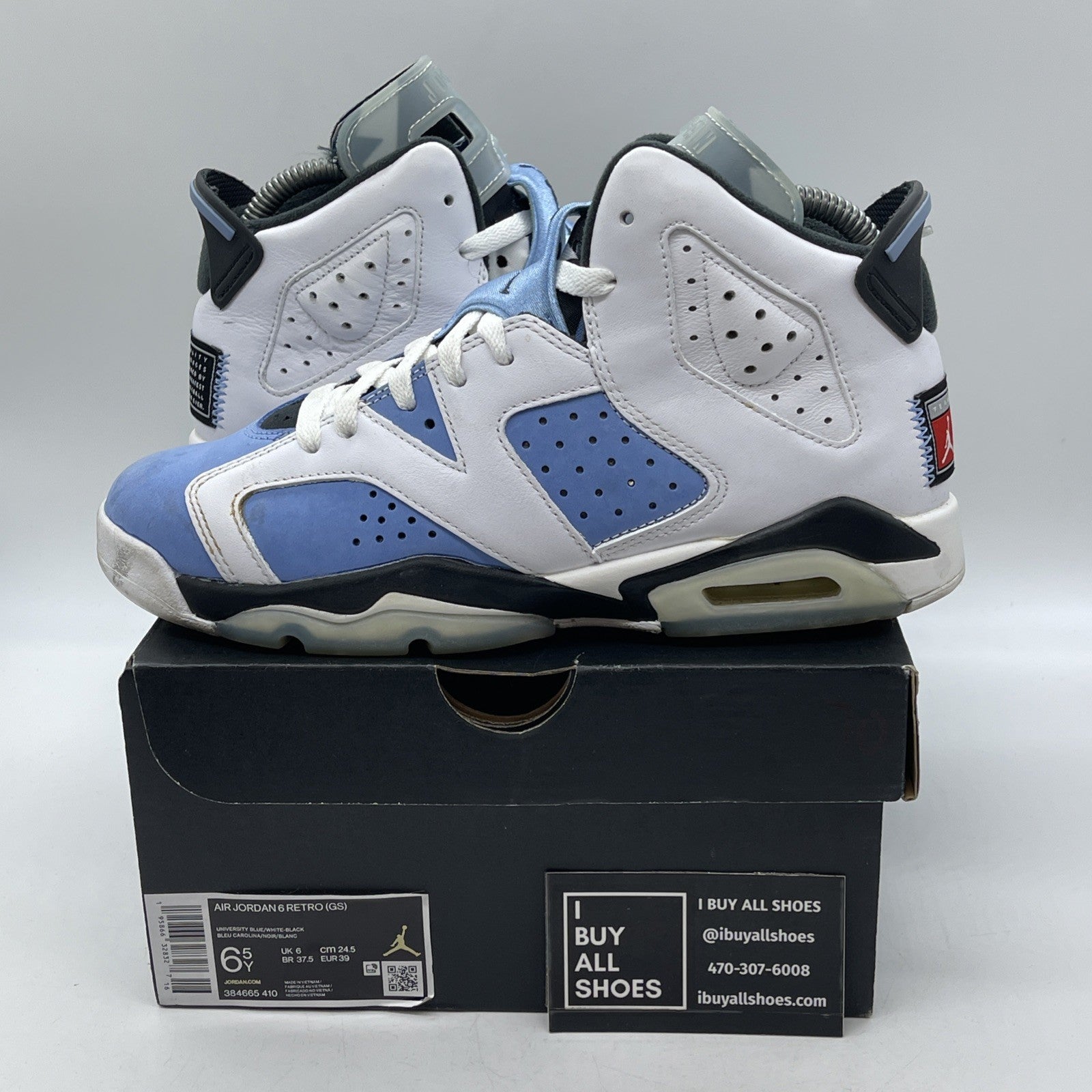 Size 6.5Y - Jordan 6 Retro Mid UNC Home Blue White Suede Leather (384665-410)
