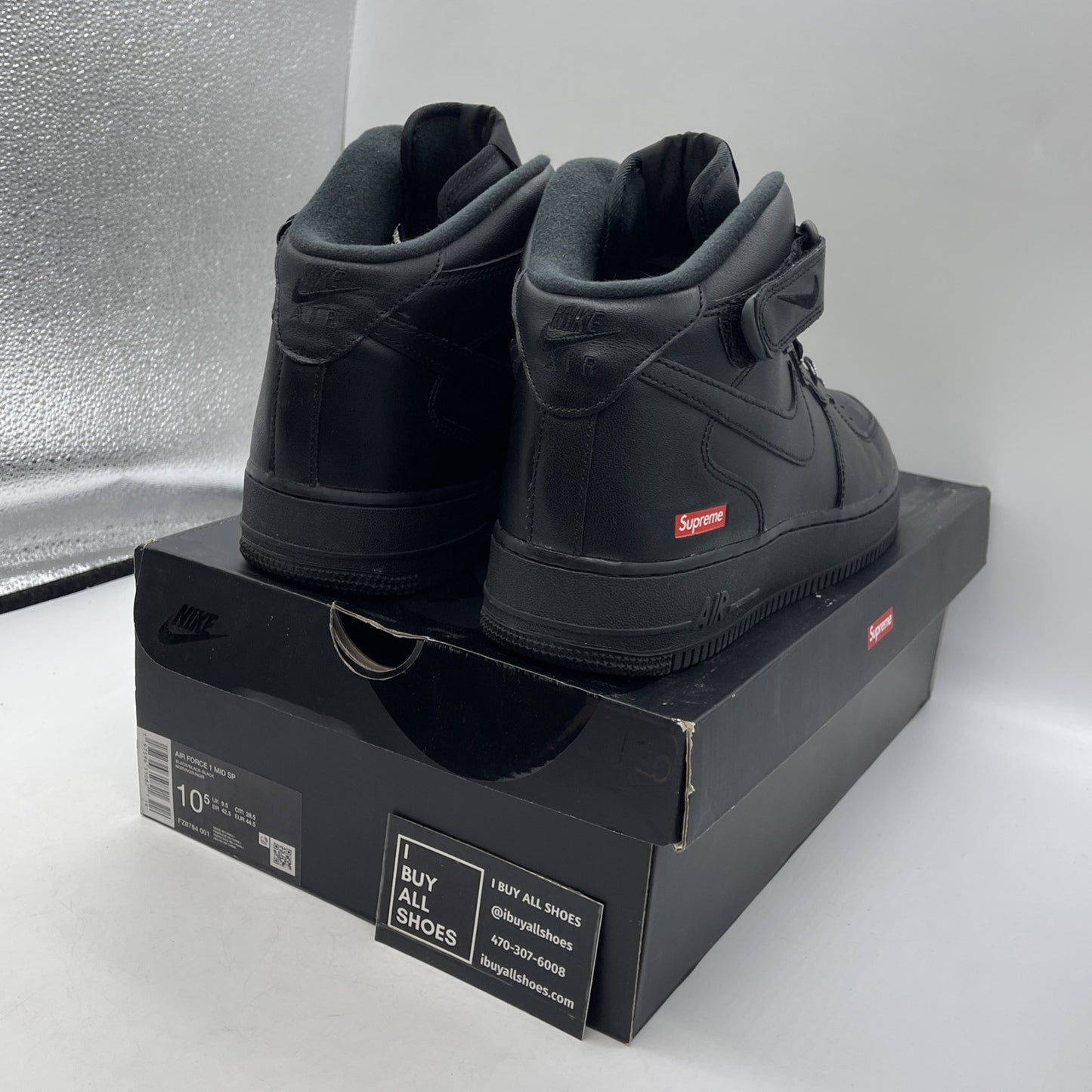 Size 10.5 - Nike Supreme x Air Force 1 Mid Box Logo Triple Black (FZ8784-001)