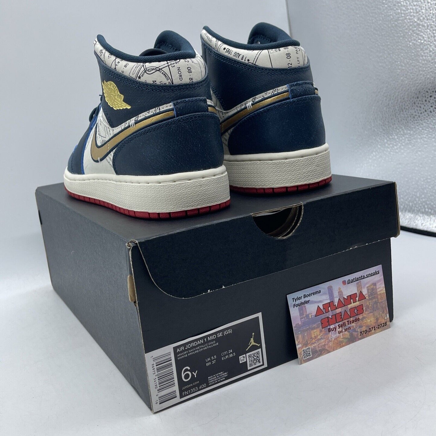 Size 6Y (GS) - Jordan 1 SE Mid Take Flight White Blue Red Gold (FN1353-400)