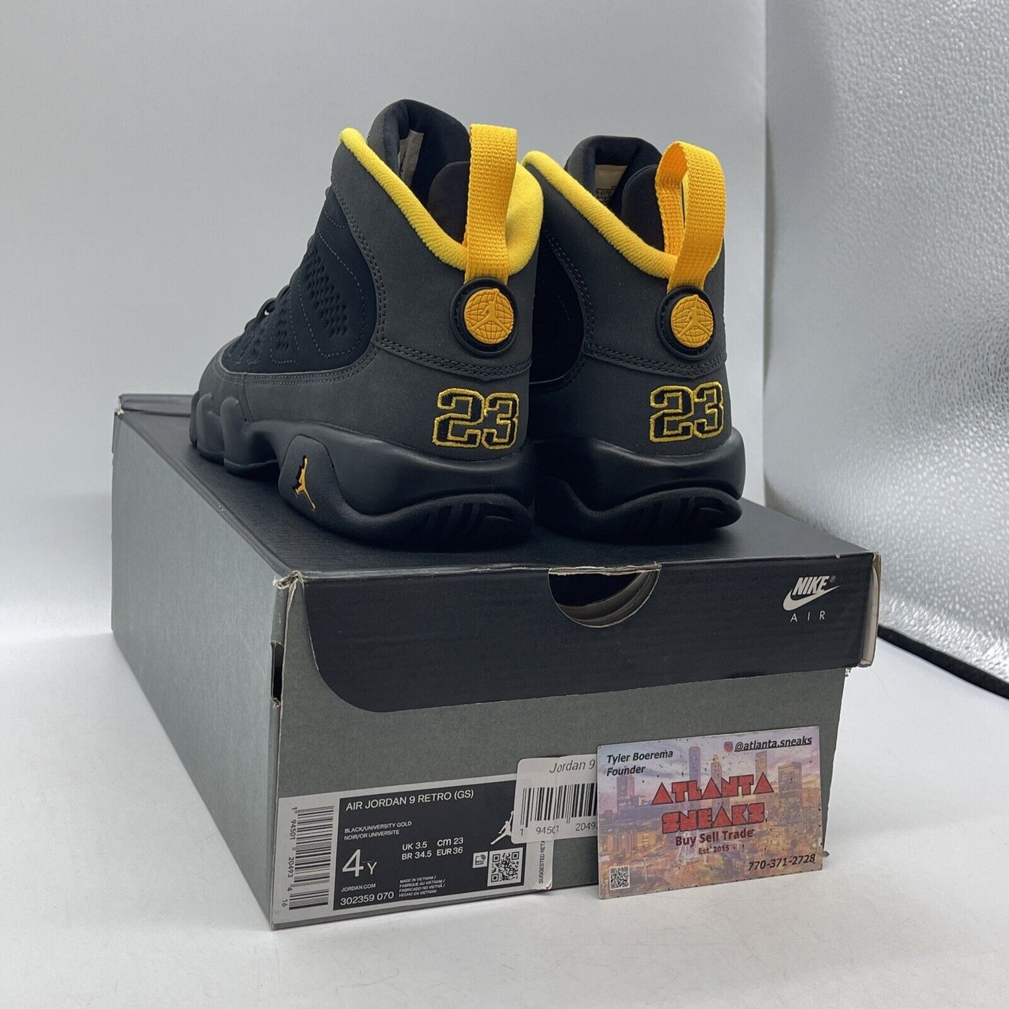 Size 4Y(GS) - Jordan 9 Retro Mid Dark Charcoal University Gold (302359-070)