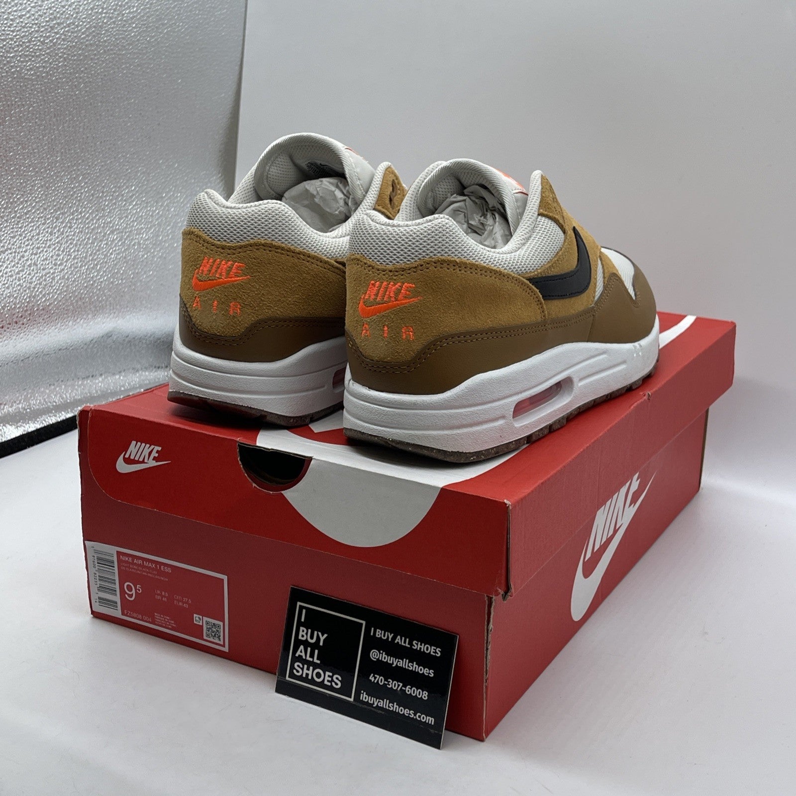 Size 9.5 - Nike Air Max 1 Essential Flax British Tan Suede Leather (FZ5808-004)