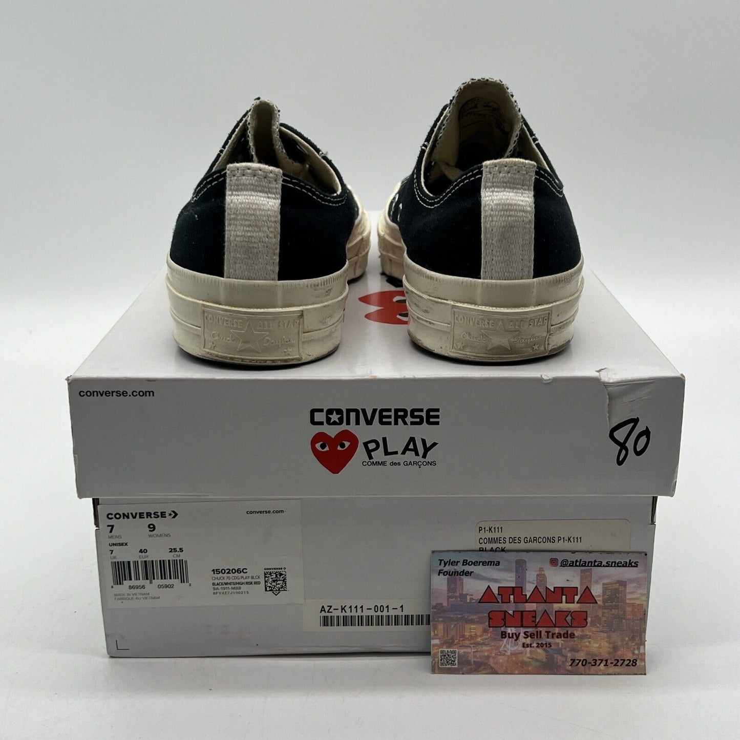 Size 7 - Converse Comme des Garçons Play x Chuck 70 2015 Low Black (150206C)