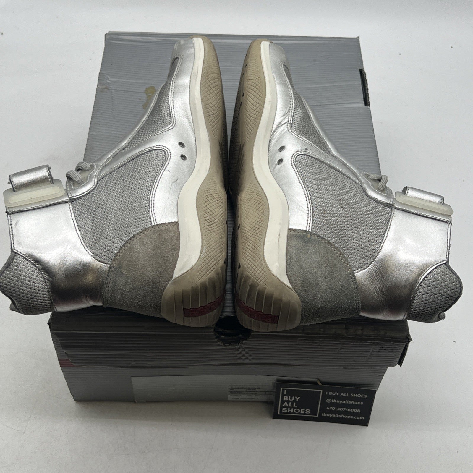 Size 6 - PRADA SPORT America's Cup Silver Leather Nylon Mesh Ankle Sneakers