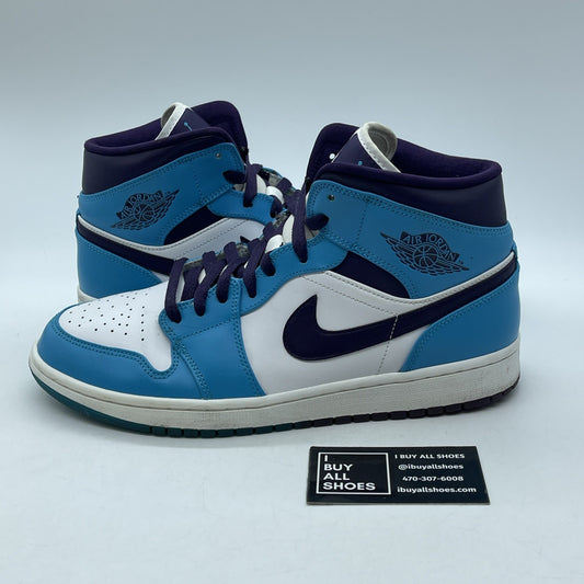 Size 10 - Air Jordan 1 Mid Hornets blue Purple White Leather (554724-415)