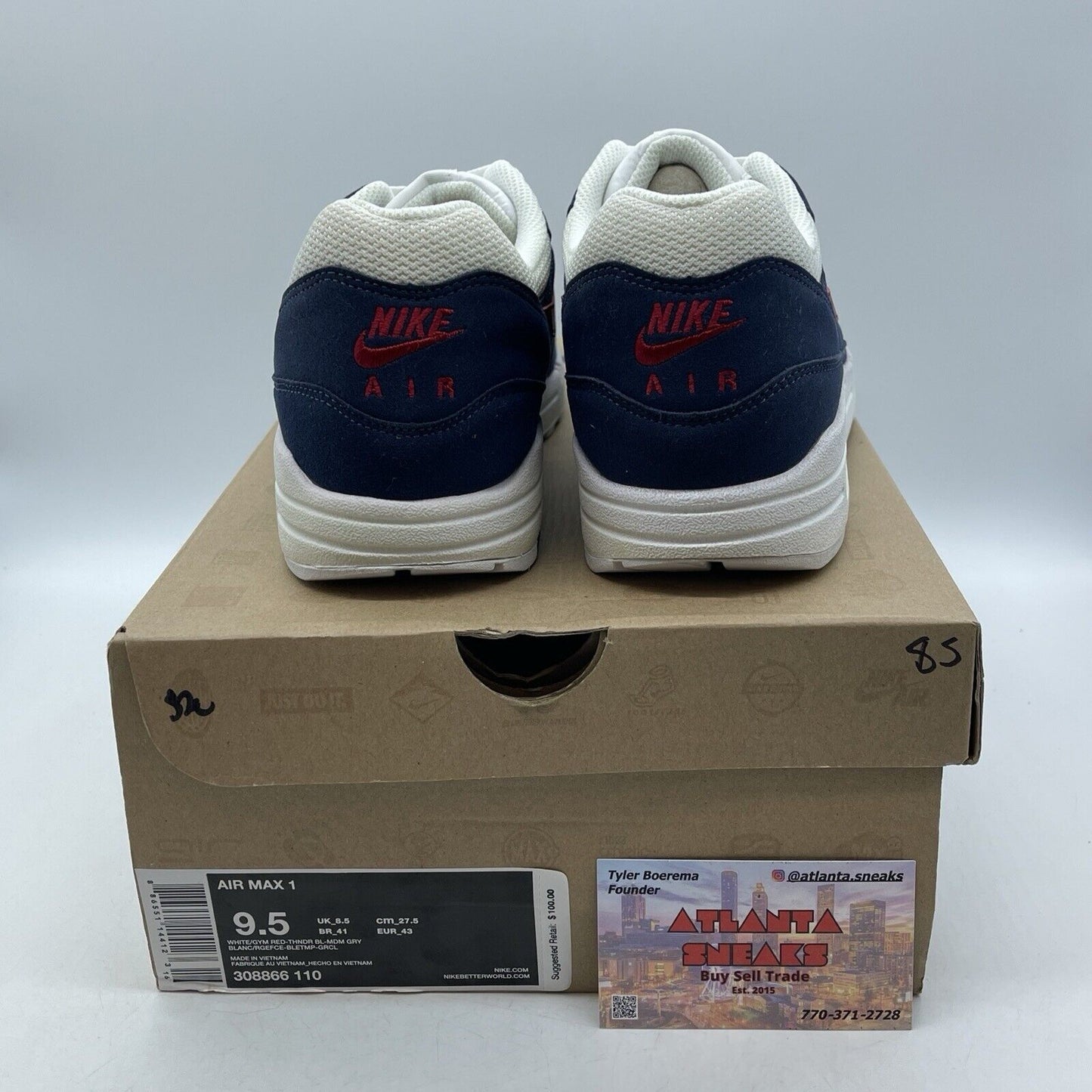 Size 9.5 - Nike Air Max 1 Olympic Blue Red White Suede Leather (308866-110)
