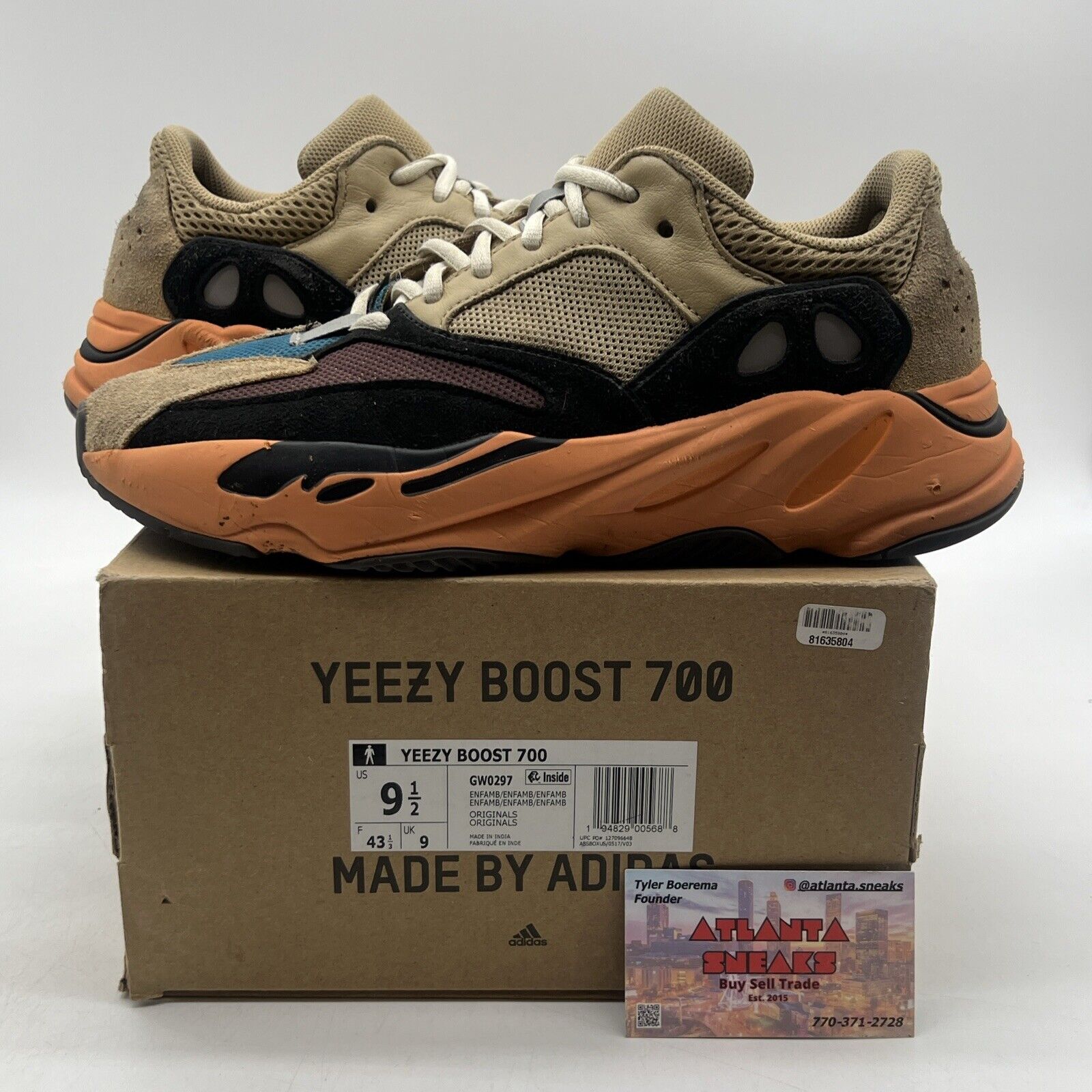 Size 9.5 - adidas Yeezy Boost 700 Enflame Amber Orange Suede Tan (GW0297)