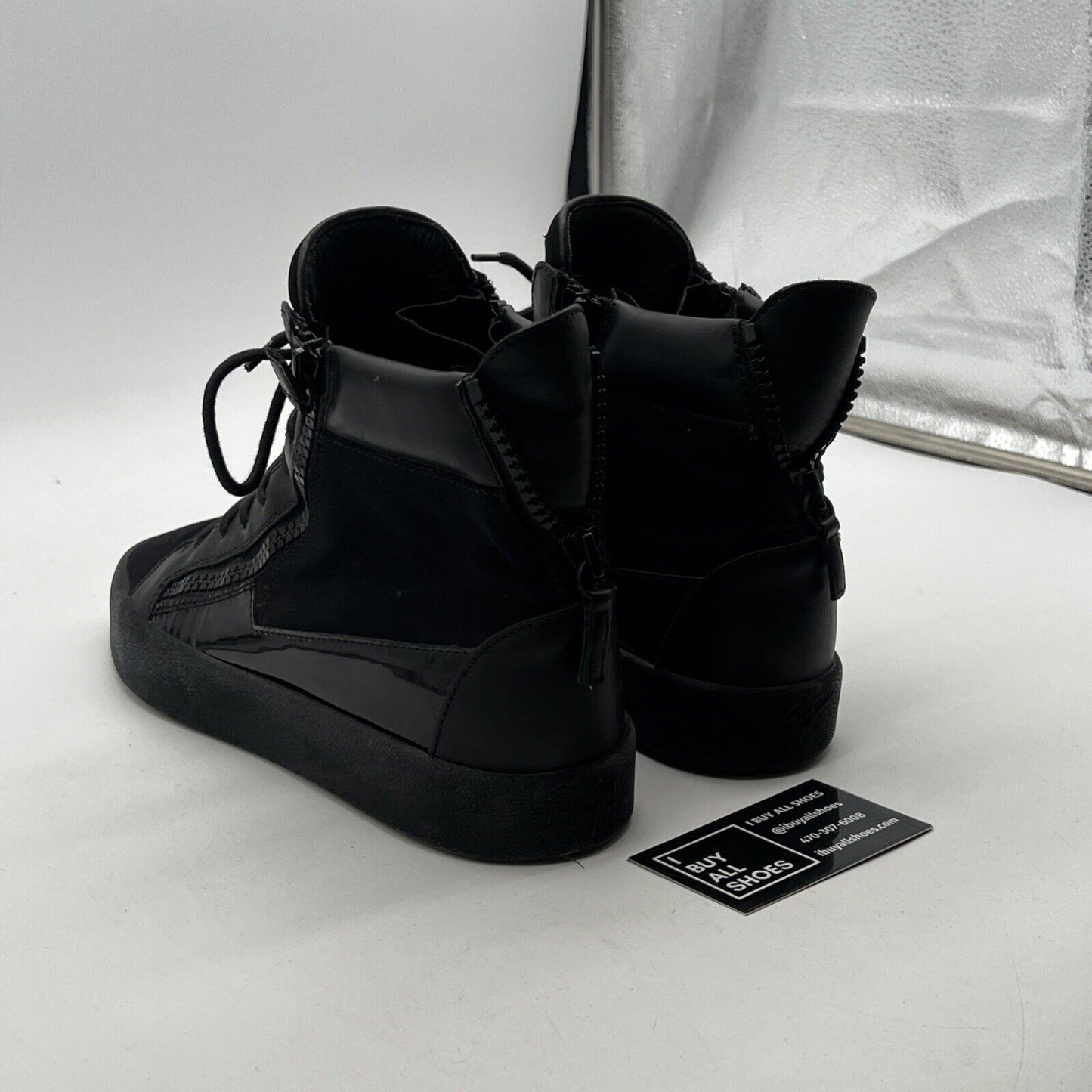 Size 10 - Giuseppe Zanotti Metal Signature Logo Black Leather High Top Sneaker