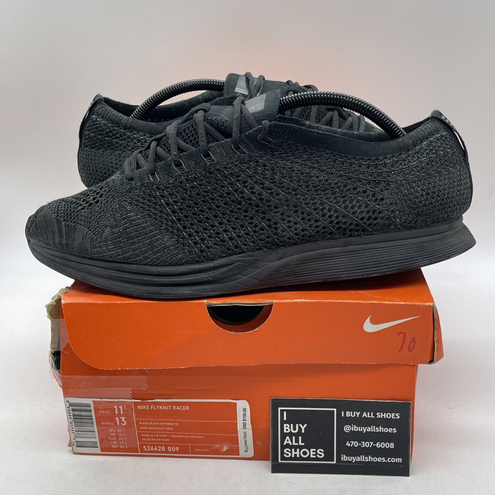 Size 11.5 - Nike Flyknit Racer Triple Black (526628-009)