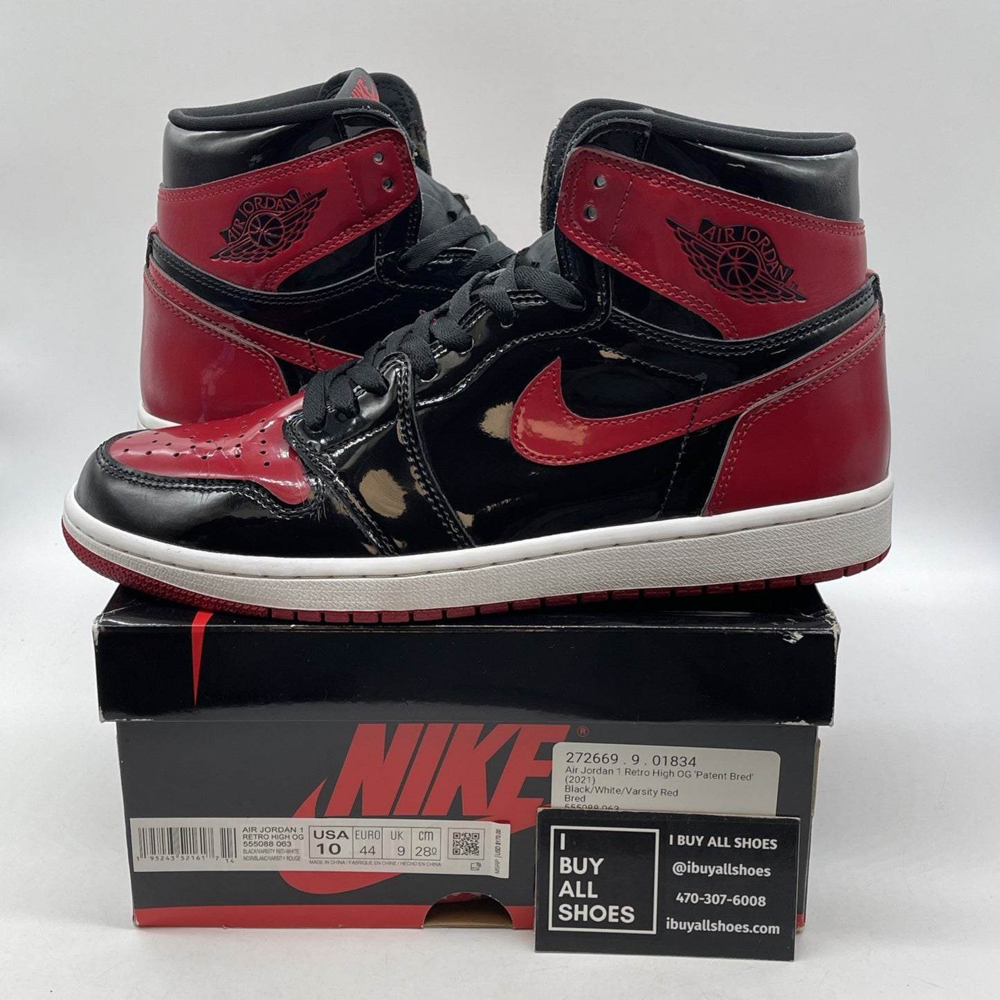 Size 10 - Jordan 1 Retro OG High Patent Bred Red Black Leather (555088-063)