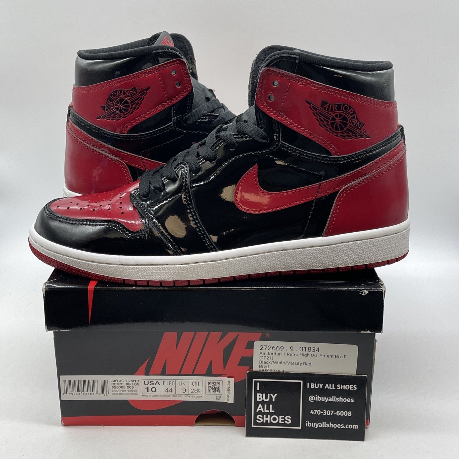 Size 10 - Jordan 1 Retro OG High Patent Bred Red Black Leather (555088-063)