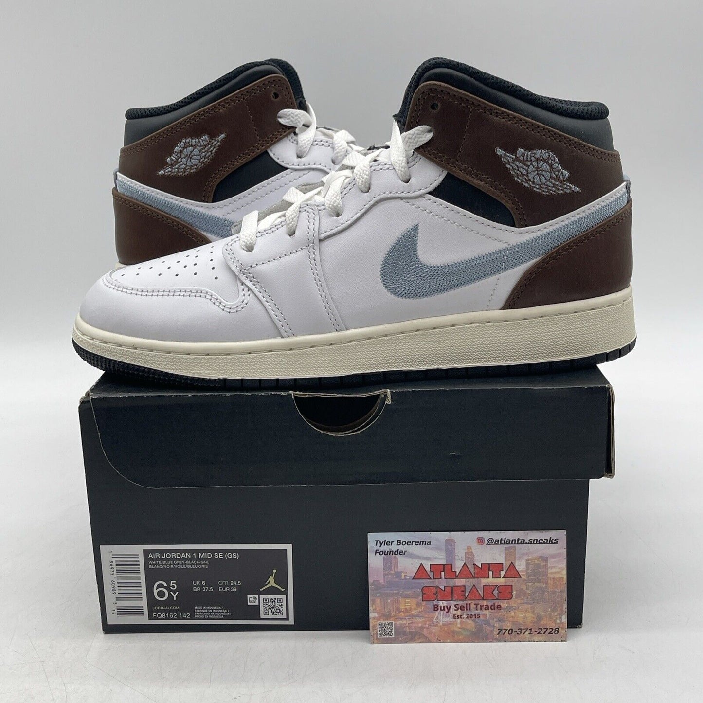 Size 6.5Y - AIR JORDAN 1 MID SE_WHITE/BLUE GREY BLACK Leather  (FQ8162-142)