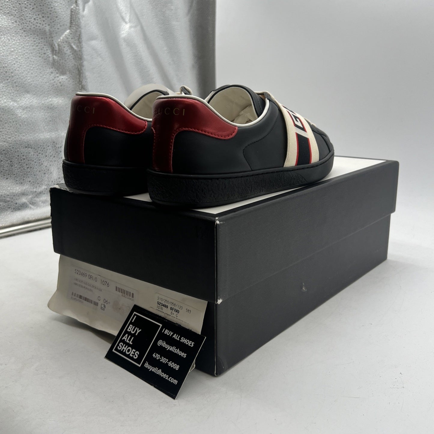 Size 6.5G - Gucci Ace Stripe Sneakers Black Leather