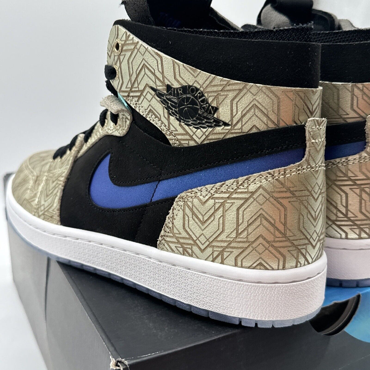 Size 9 - Jordan 1 Zoom Comfort Gold Laser 2021 Blue Black Suede Icy Soles New OG