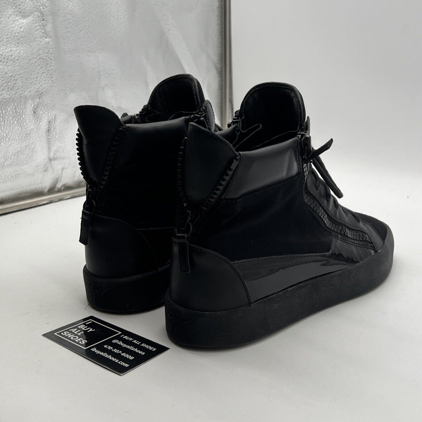Size 10 - Giuseppe Zanotti Metal Signature Logo Black Leather High Top Sneaker