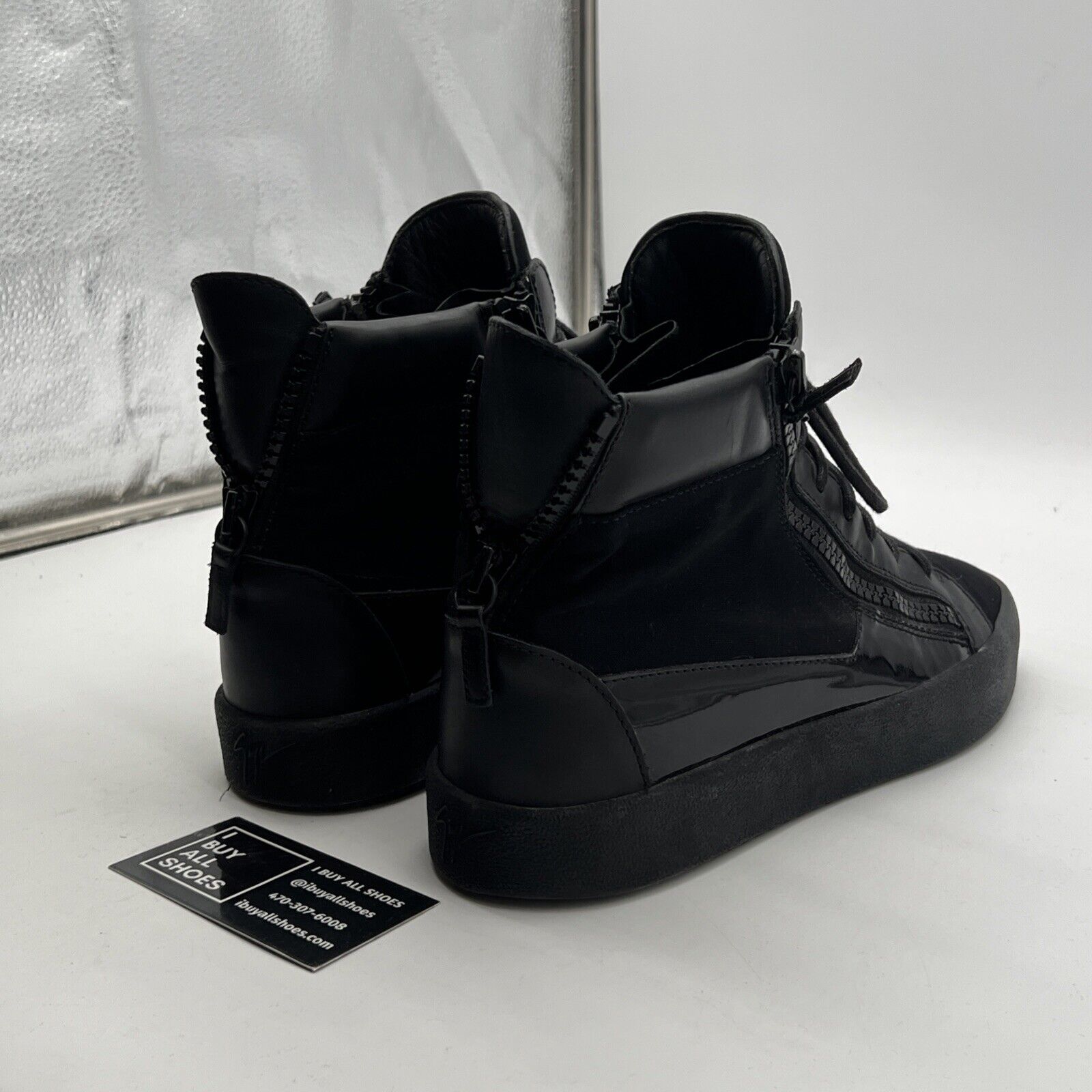 Size 10 - Giuseppe Zanotti Metal Signature Logo Black Leather High Top Sneaker