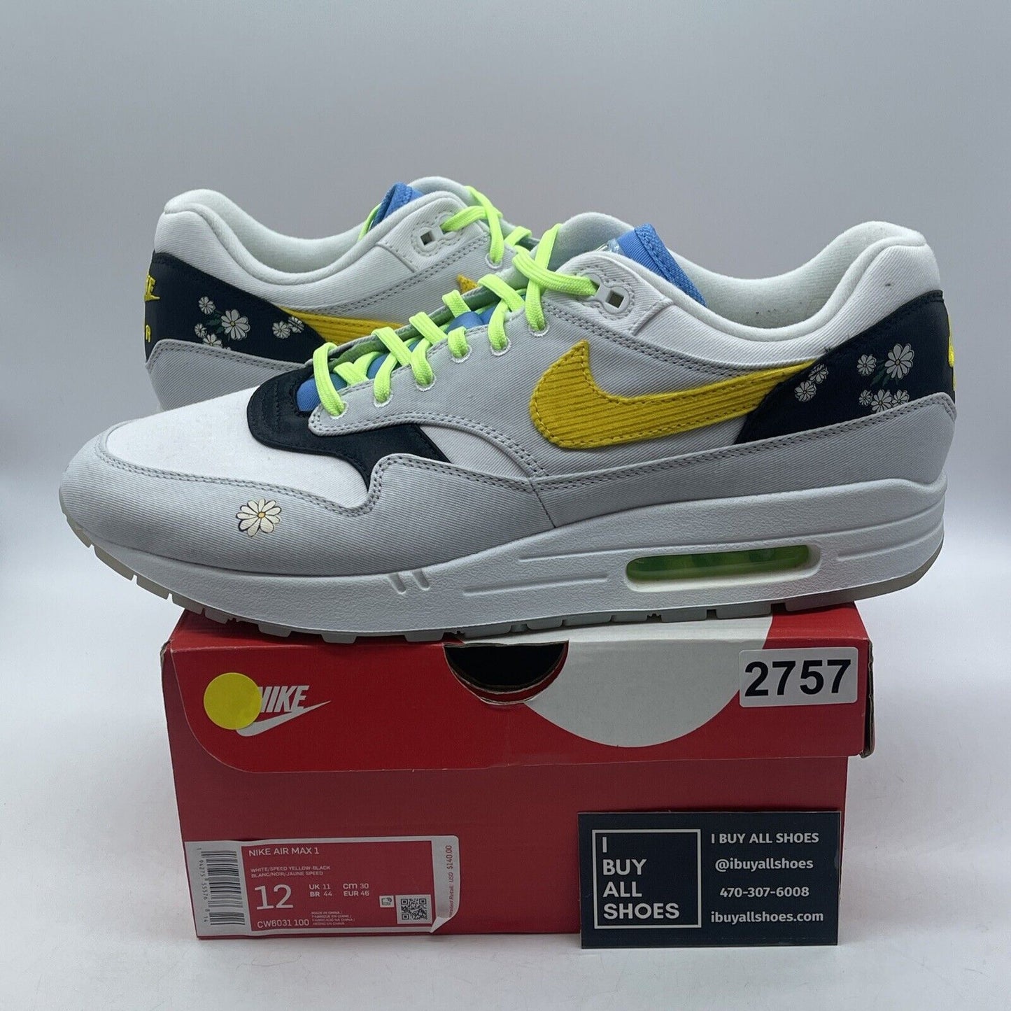 Size 12 - Nike Air Max 1 Daisy White Grey Yellow Suede (CW6031-100)