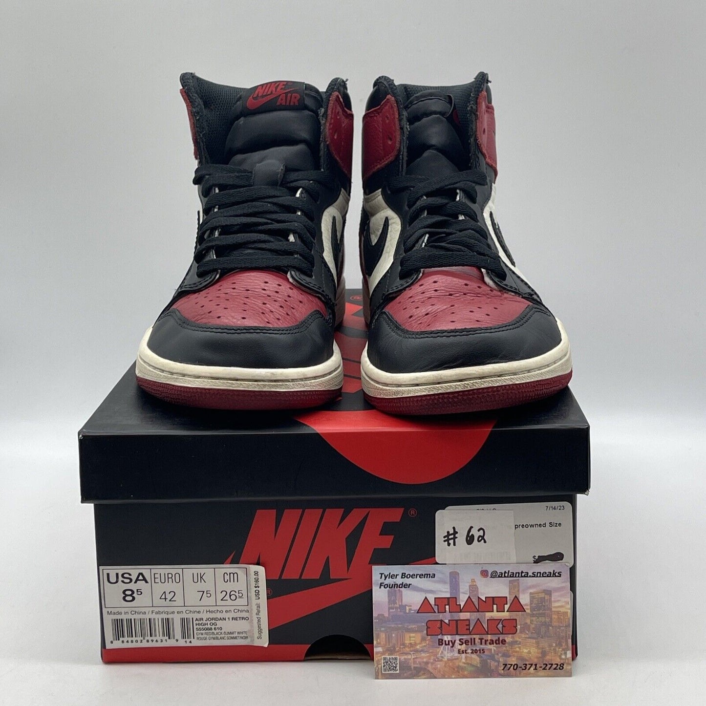 Size 8.5 - Jordan 1 Retro OG High Bred Toe Black Red White Leather (555088-610)