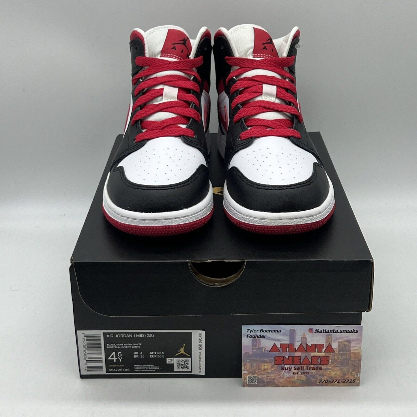 Air Jordan 1 Mid Very Berry Black White 554725-016 Size 4.5Y Brand New Og All DS