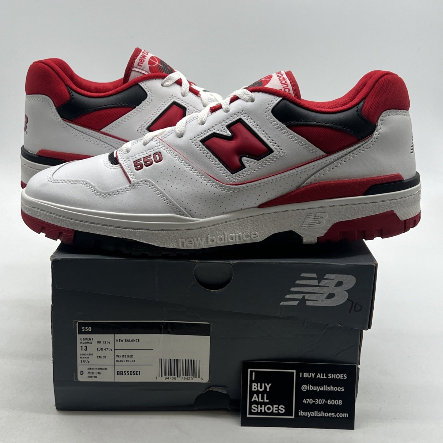 Size 13 - New Balance 550 Men's (BB550SE1) White Team Red Leather Athletic Shoes