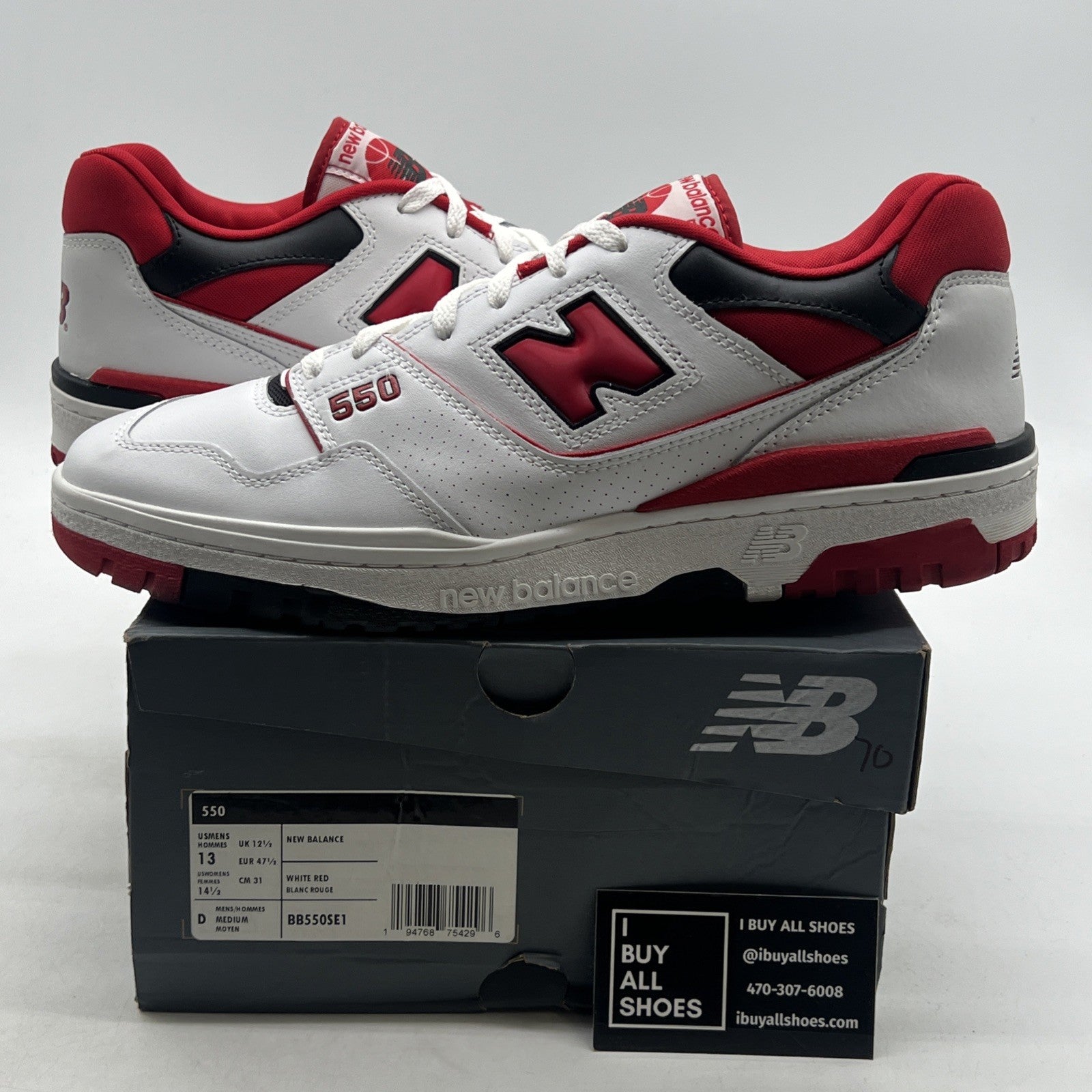 Size 13 - New Balance 550 Men's (BB550SE1) White Team Red Leather Athletic Shoes