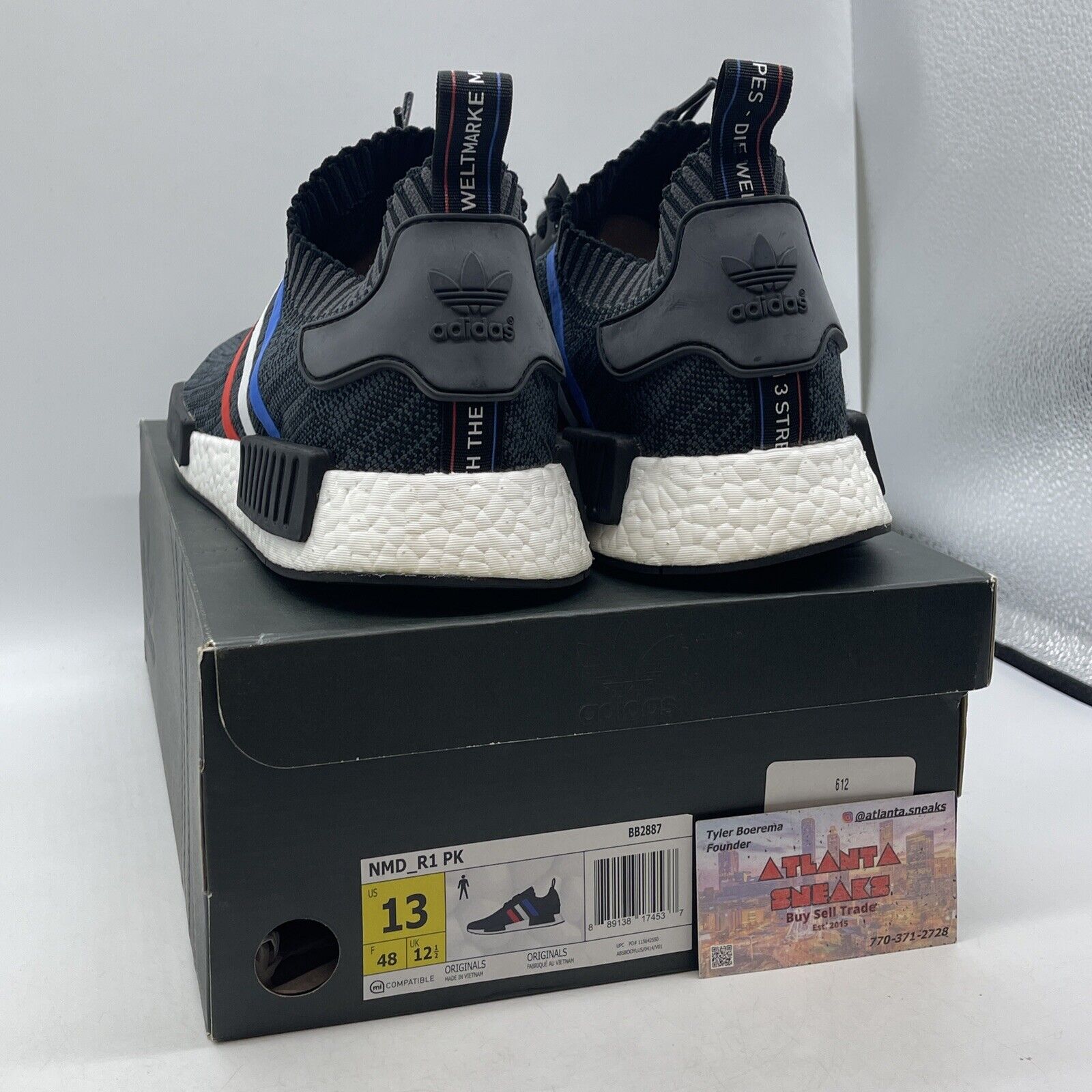 Size 13 - adidas NMD_R1 Primeknit Tri Color Black Blue Suede Leather (BB2887)