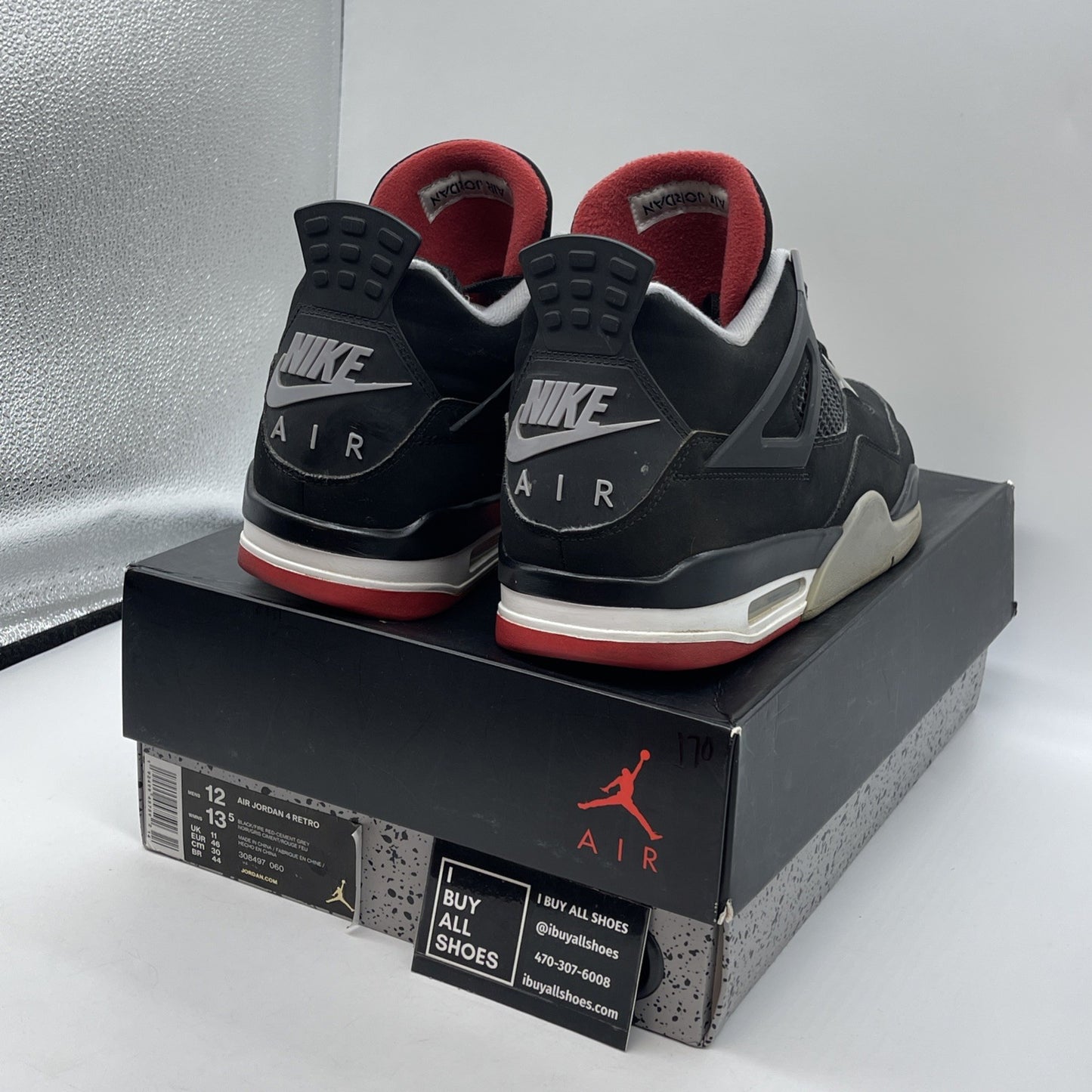 Size 12 - Jordan 4 Retro OG Mid Bred Black Grey Red White Suede (308497-060)