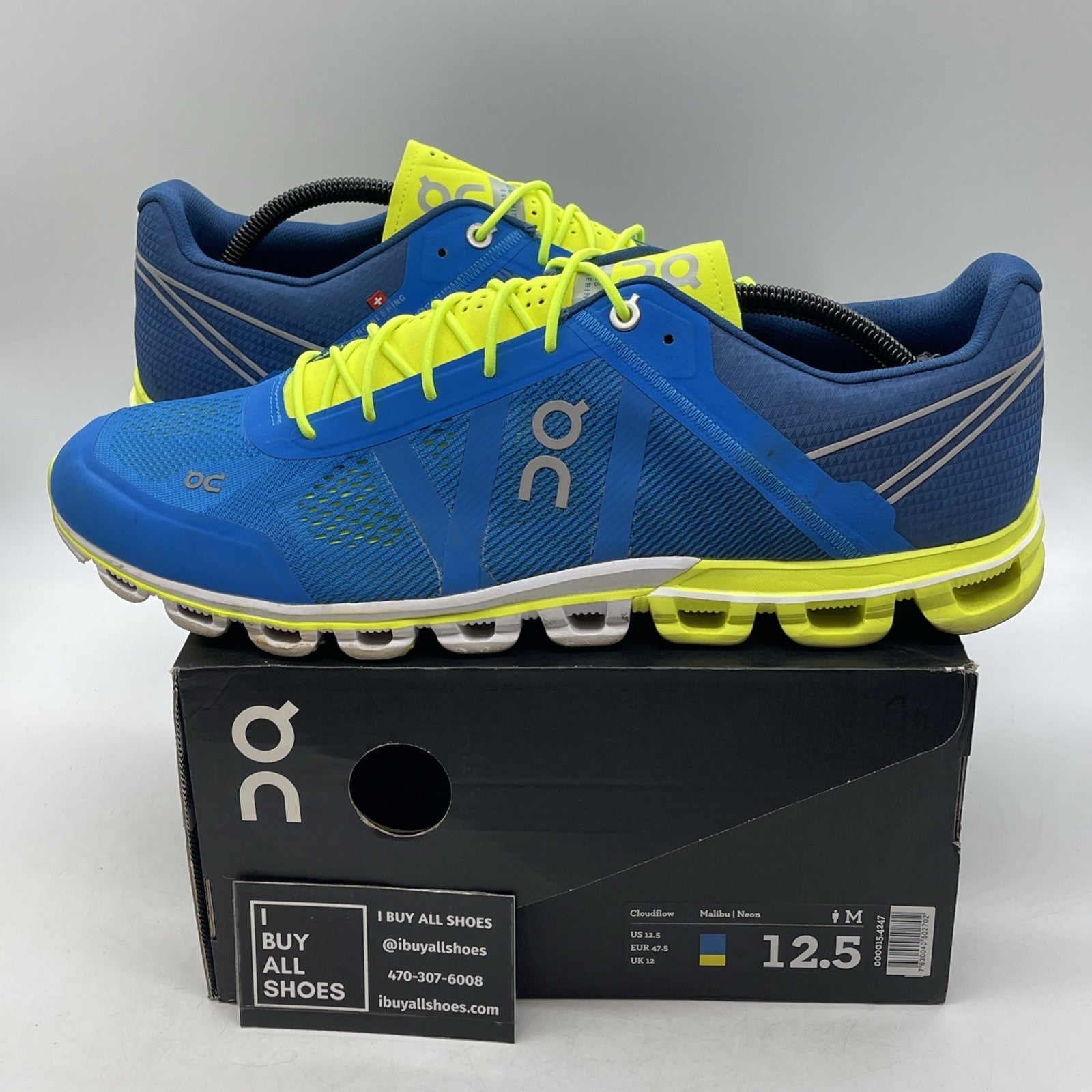 Size 12.5 - On Shoes Mens 12 Blue Lime Cloudflow Swiss Athletic Running Sneakers