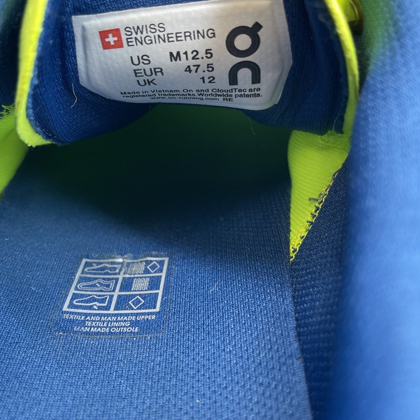 Size 12.5 - On Shoes Mens 12 Blue Lime Cloudflow Swiss Athletic Running Sneakers