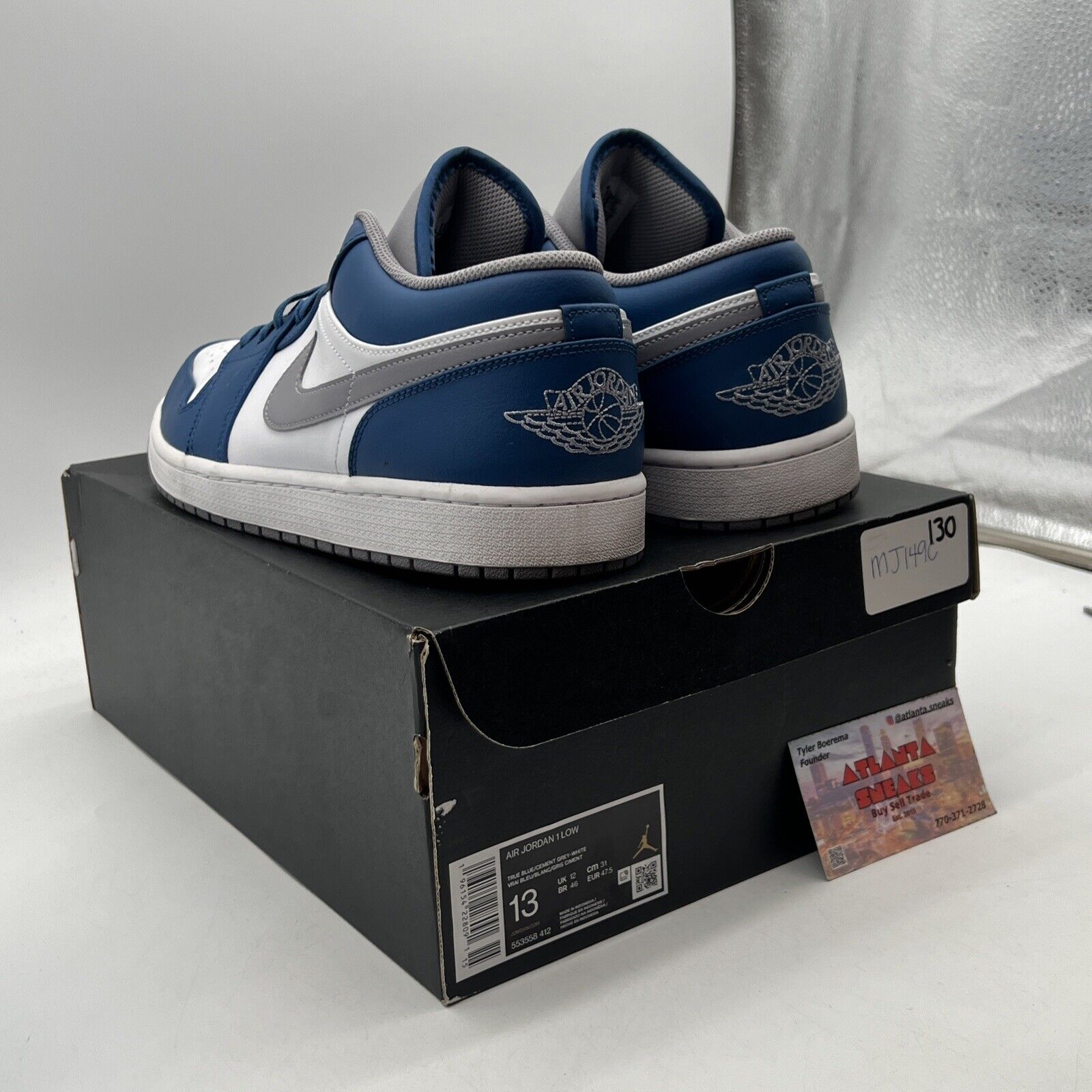 Size 13 - Jordan 1 Low True Blue Cement White Grey Leather (553558-412)