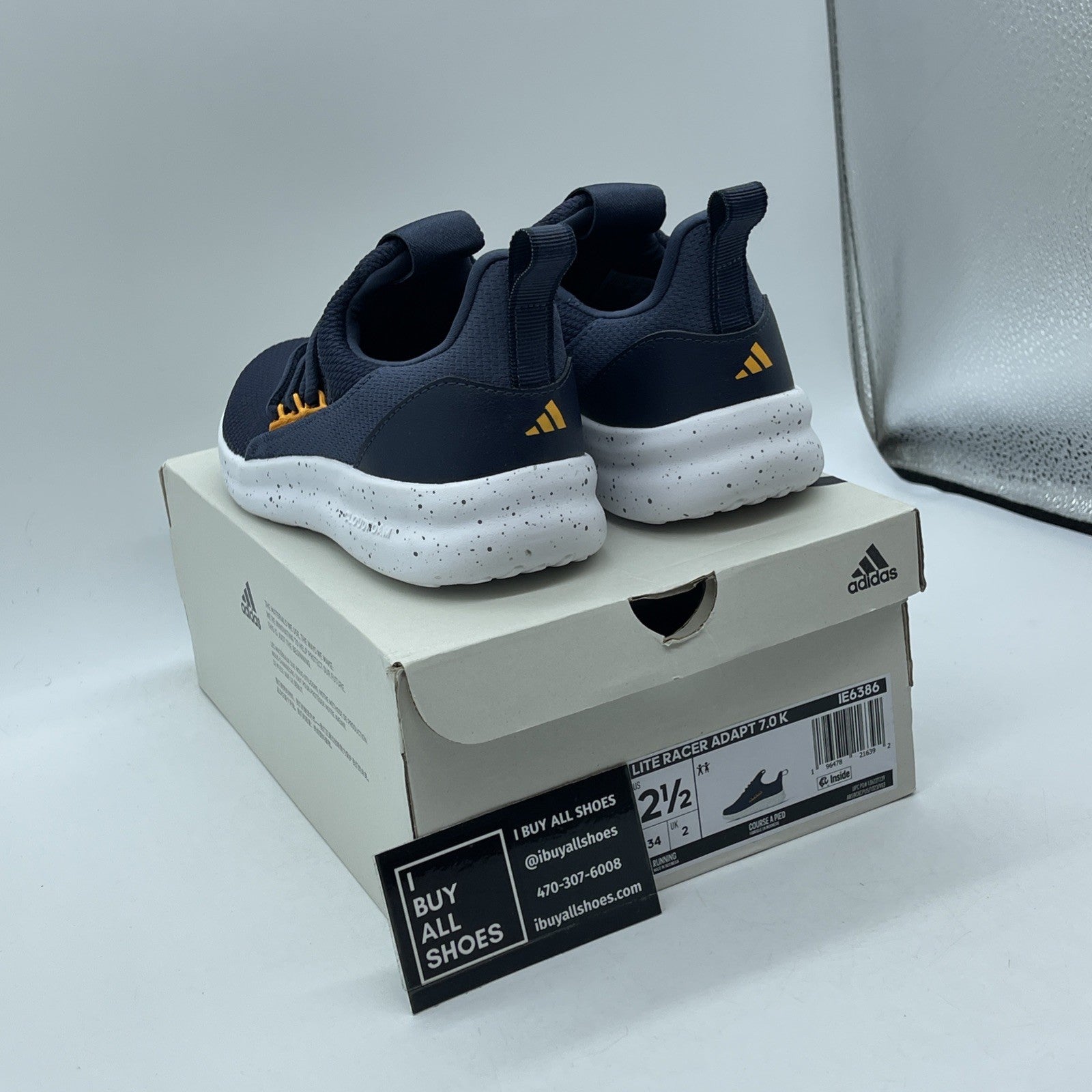 Size 2.5Y - Adidas Boys Lite Racer Adapt 7.0 Blue Yellow Suede (IE6386)