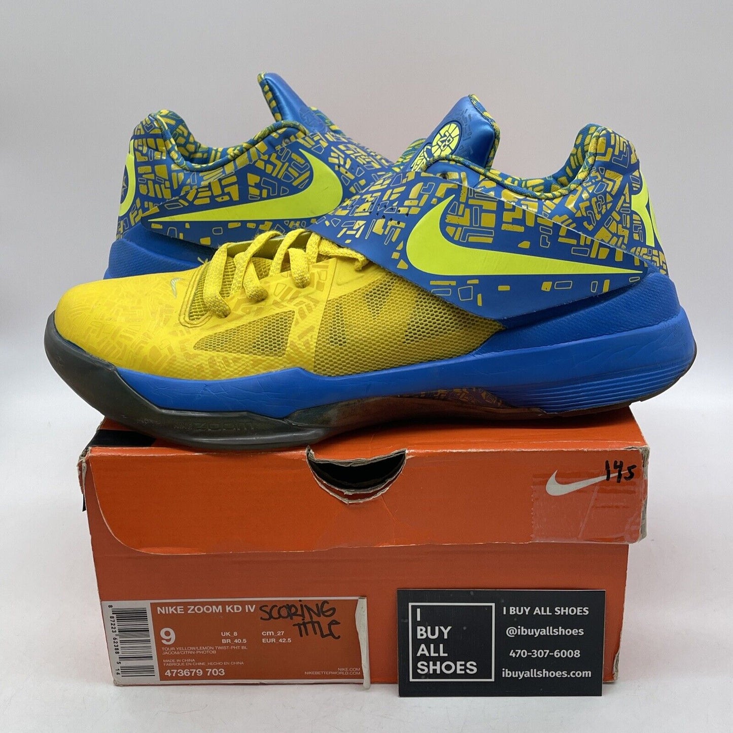 Size 9 - Nike Zoom KD 4 2012 Scoring Title Blue Yellow Leather (473679-703)