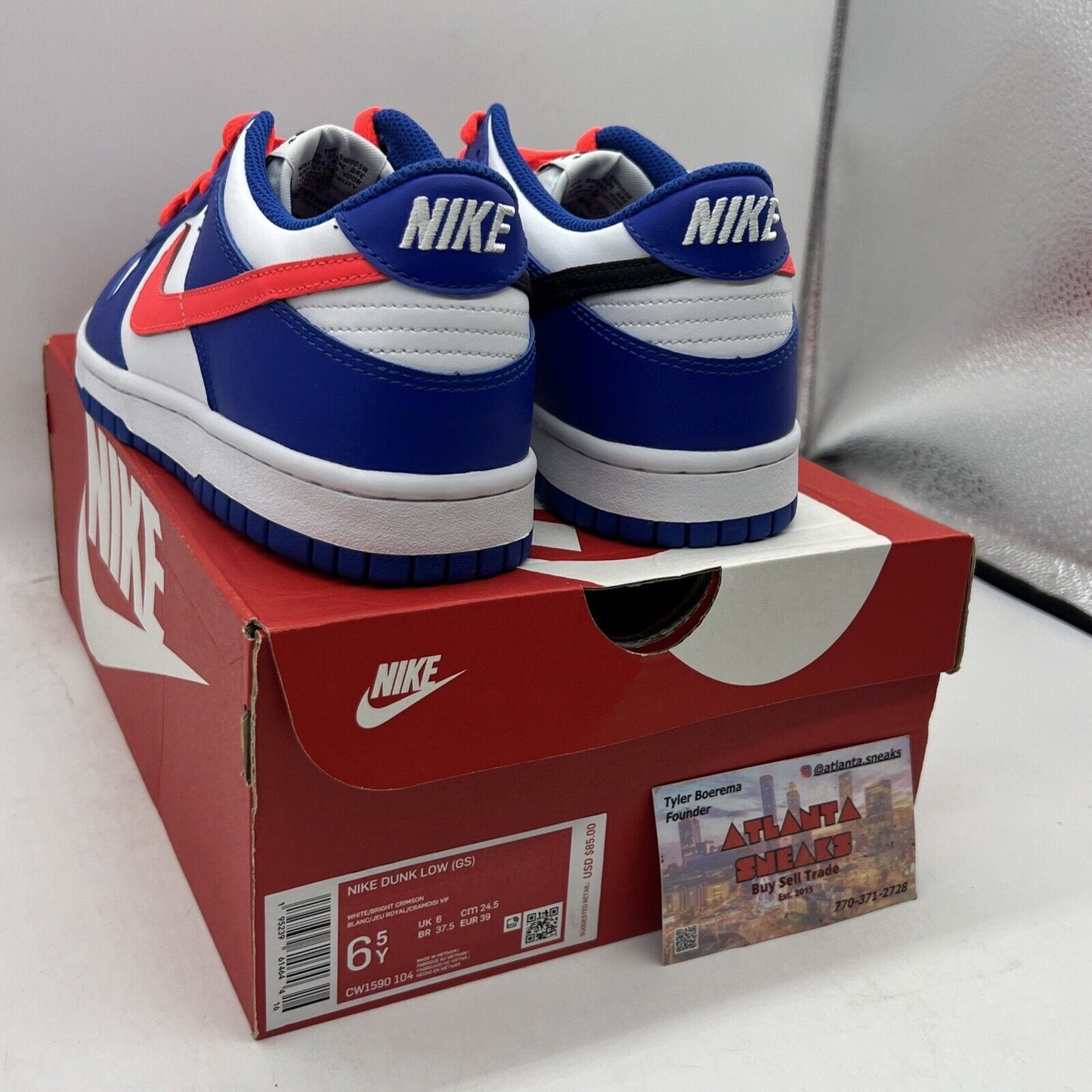 Nike Dunk Low Bright Crimson White Game Royal Blue Shoes Size 6.5 Y CW1590-104