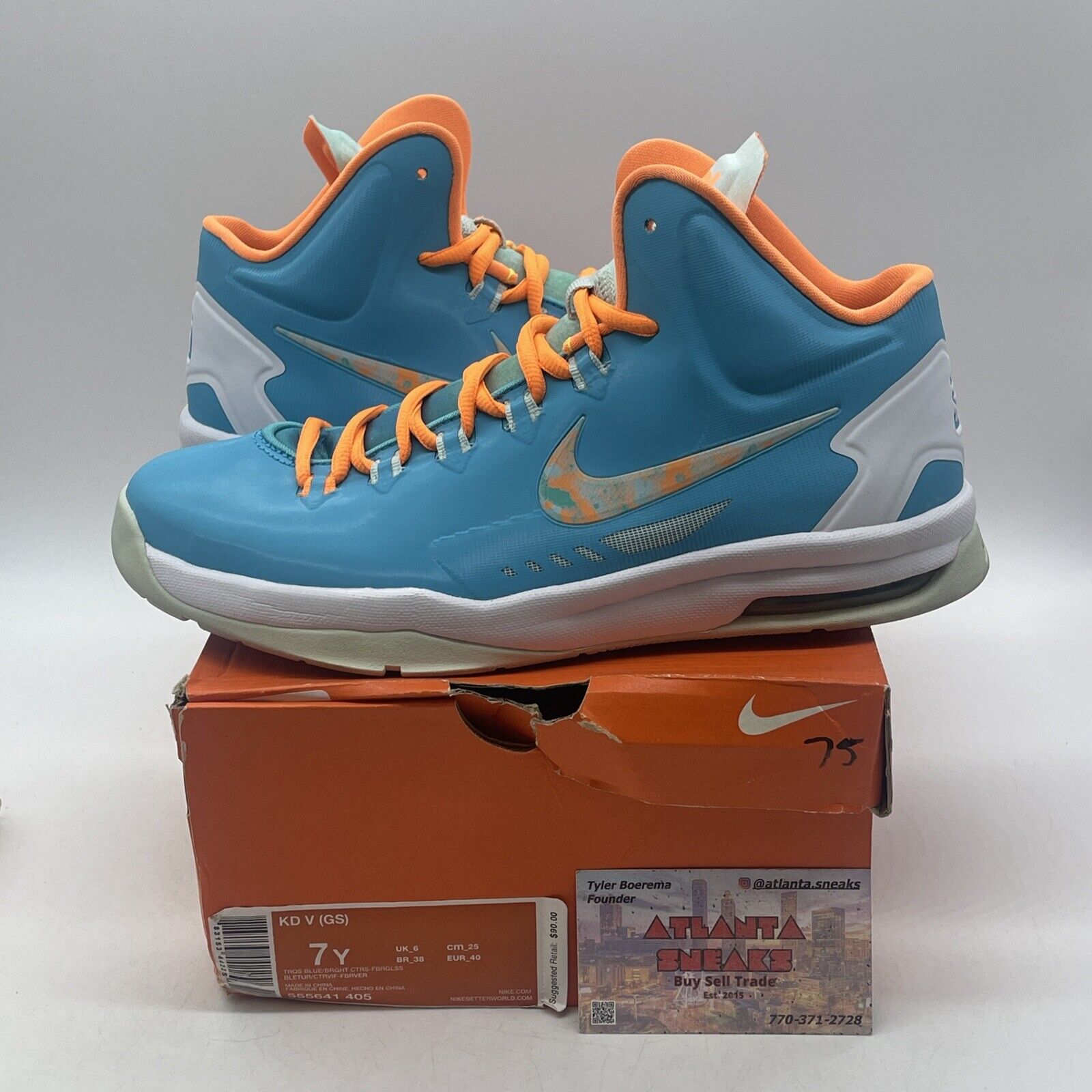 Size 7Y- Nike KD 5 Easter Blue Orange White Leather Suede (554988-402)