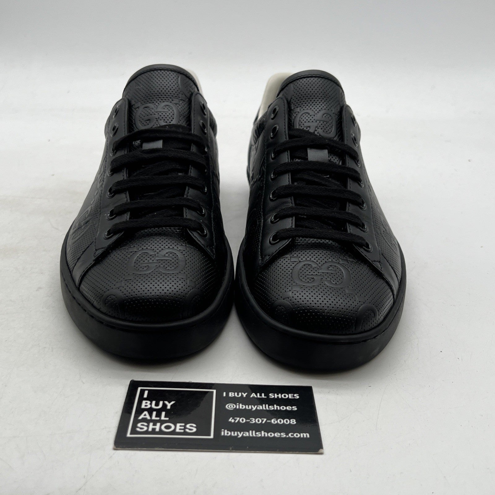Size 9G - GUCCI ACE MEN'S BLACK LEATHER LOGO EMBOSSED SNEAKERS