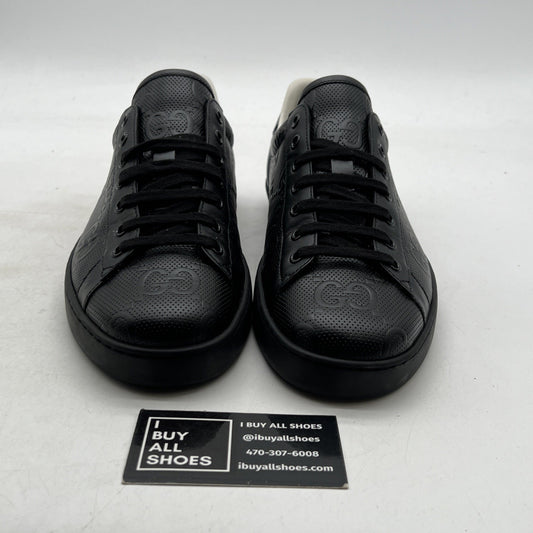 Size 9G - GUCCI ACE MEN'S BLACK LEATHER LOGO EMBOSSED SNEAKERS