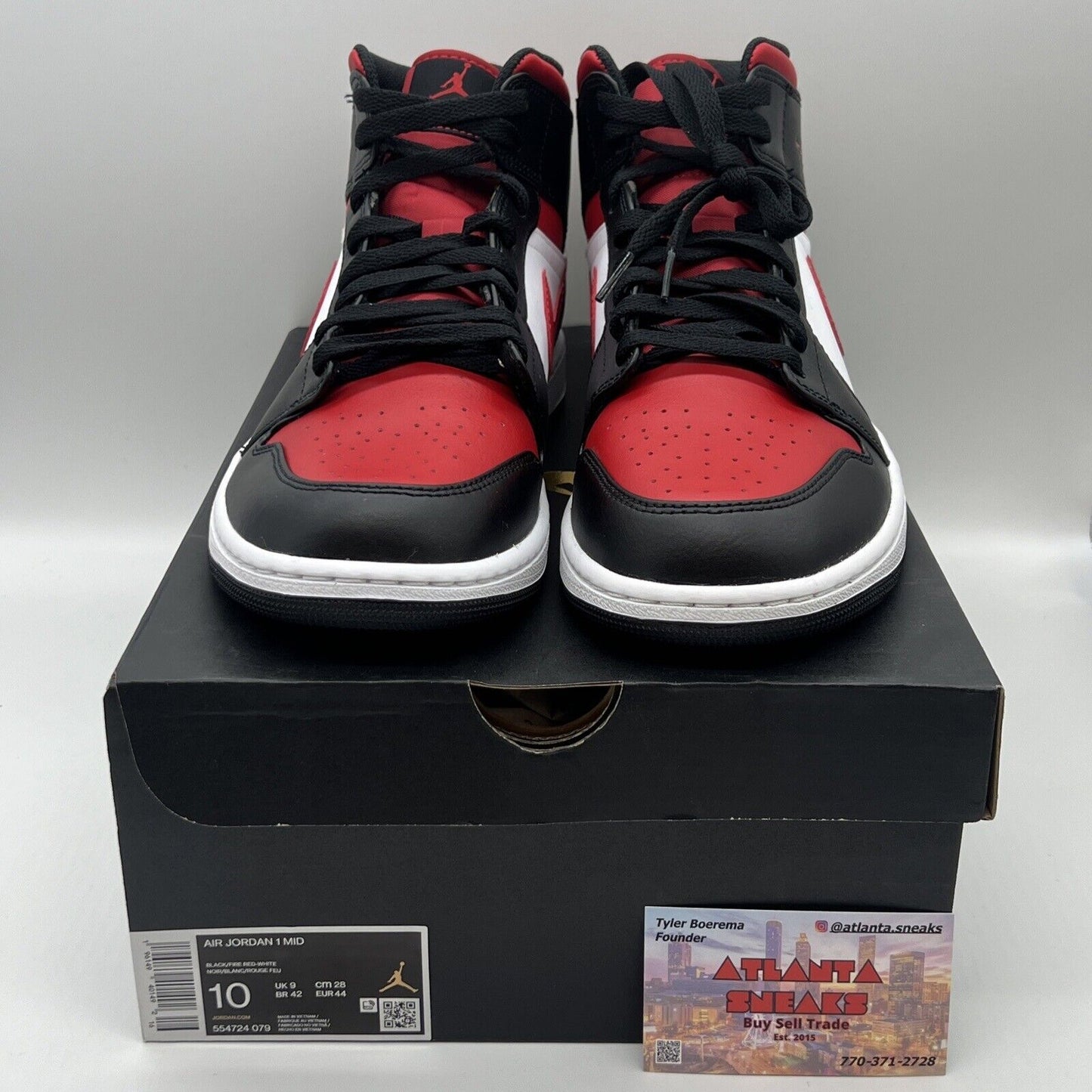 Size 10 - Jordan 1 Mid Bred Toe Red Og All Leather New White Black